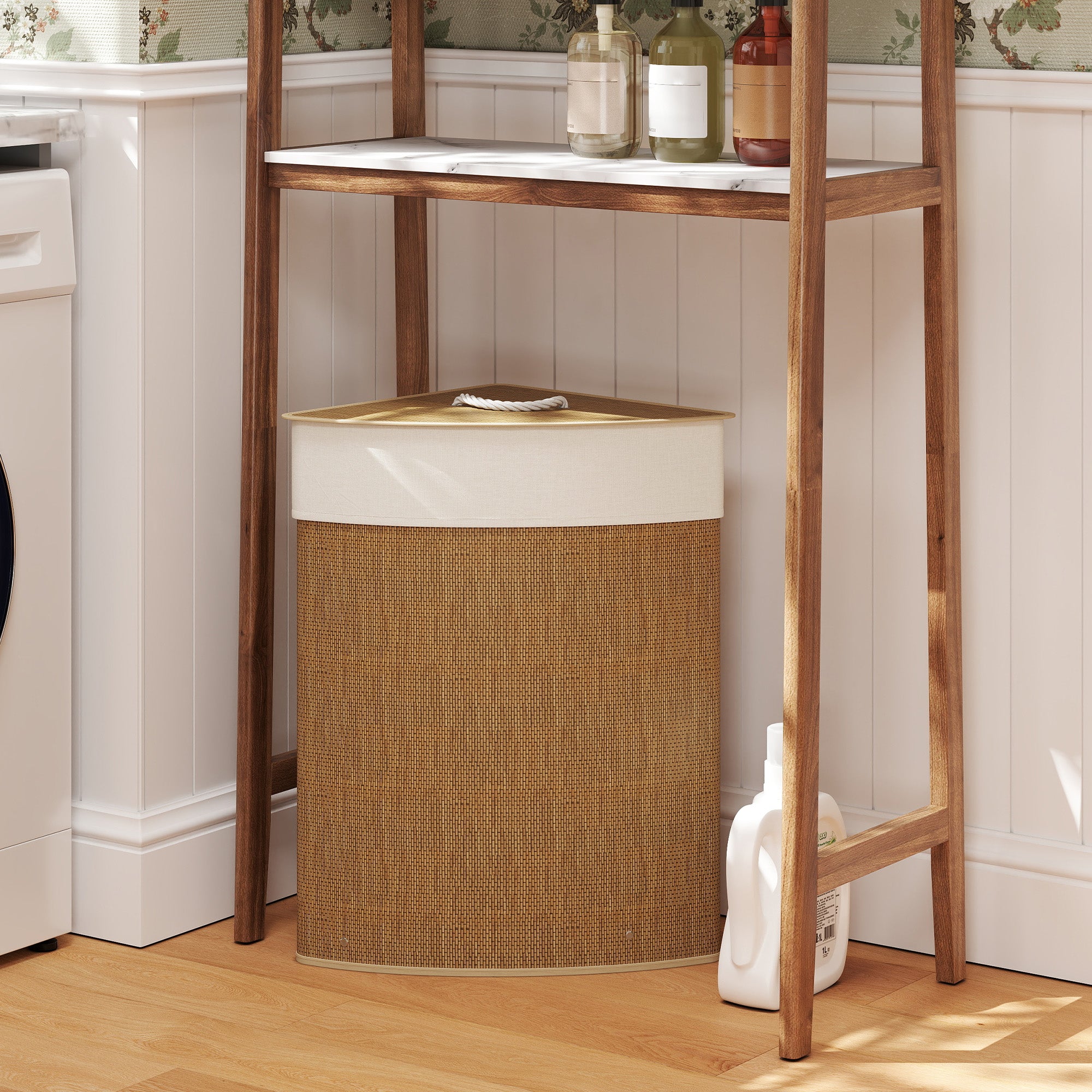 HOMCOM Bamboo Laundry Basket with Lid, 55L Corner Laundry Hamper with Removable Washable Liner Bag, Bathroom Triangle Washing Basket, 35 x 35 x 60 cm, Brown - North Peak Garden Furniture