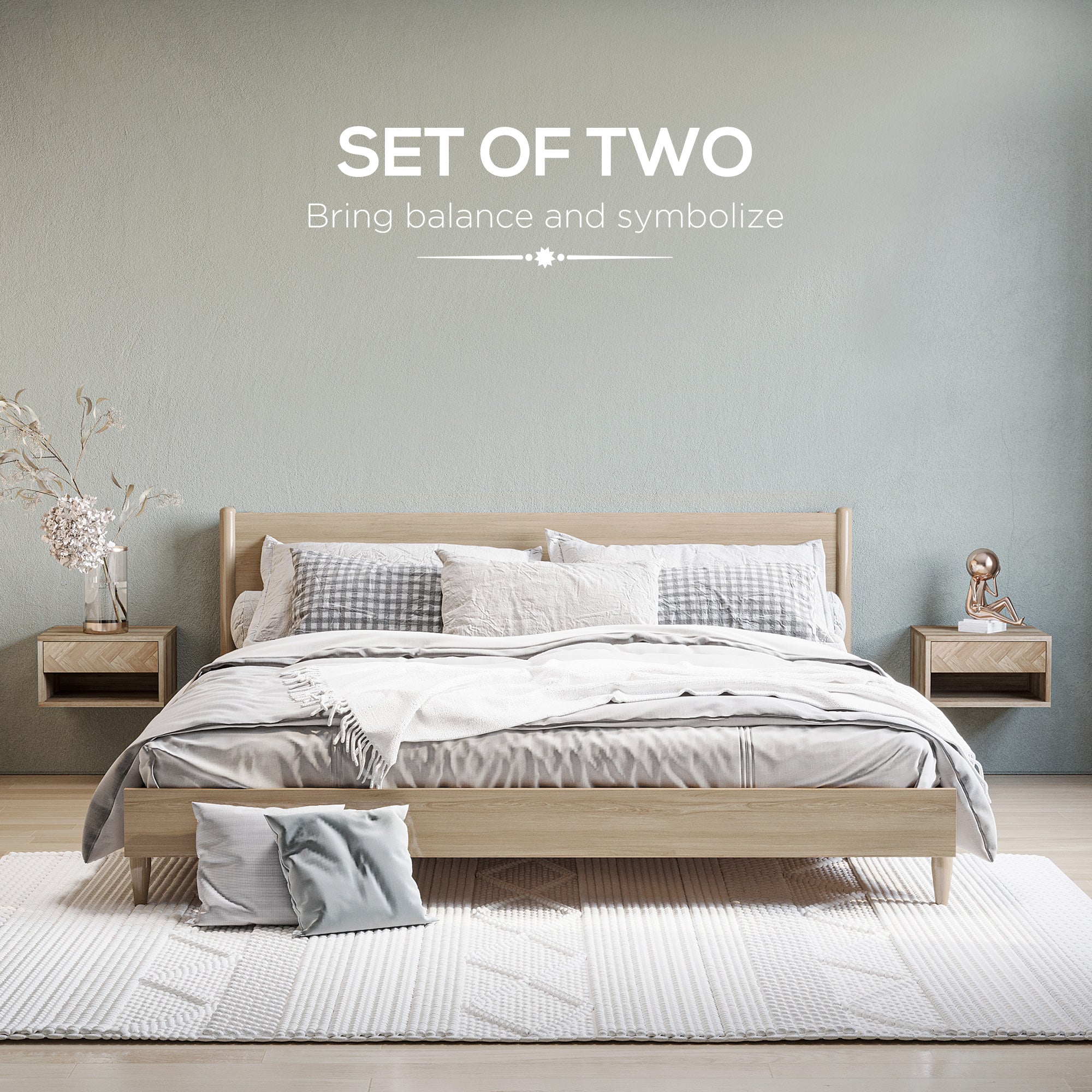 HOMCOM 2 Pieces Bedside Table Wall Mounted Nightstand with Drawer and Shelf for Bedroom, 37 x 32 x 21cm, Natural - North Peak Garden Furniture