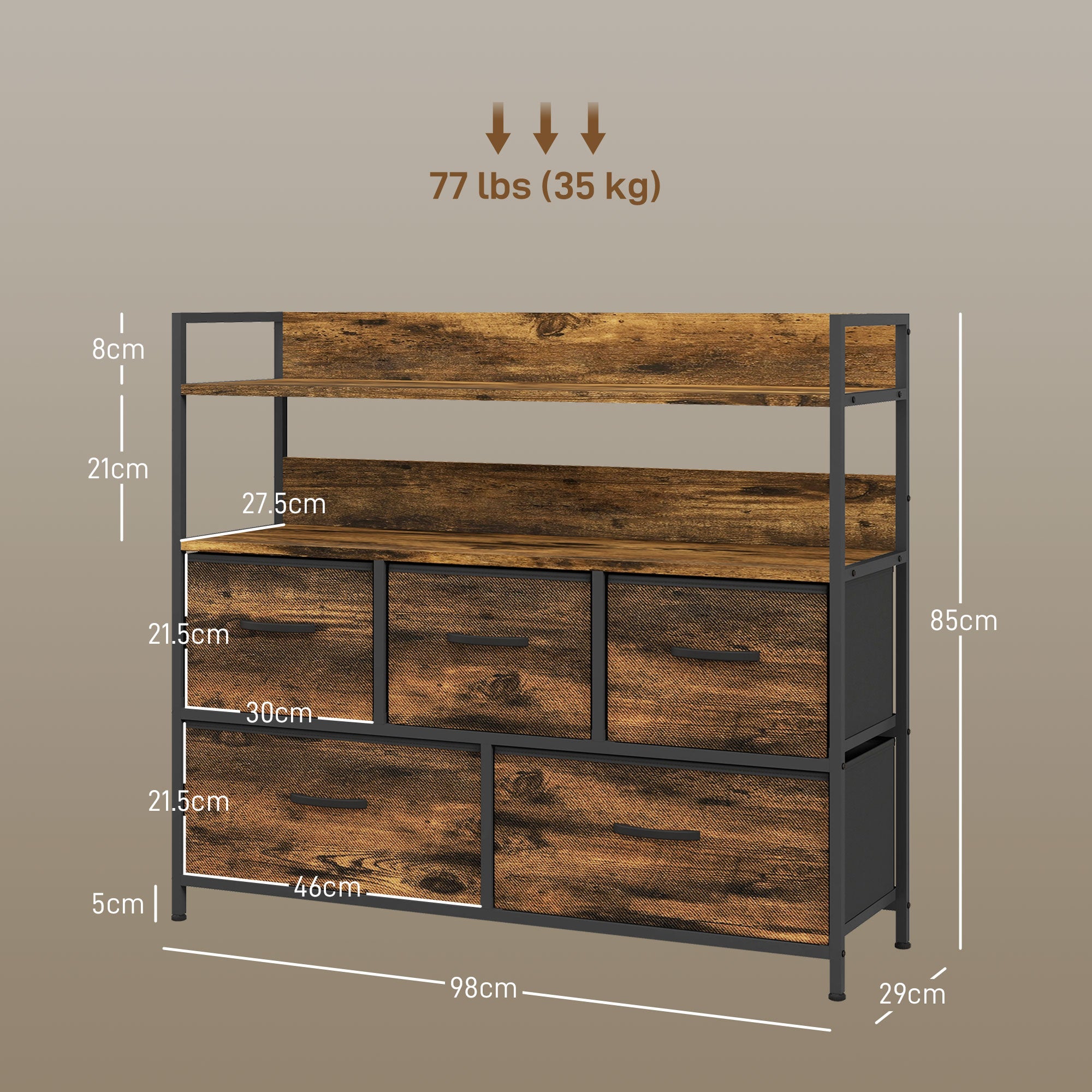 HOMCOM Rustic Chest of Five Fabric Drawers - Rustic Brown - North Peak Garden Furniture