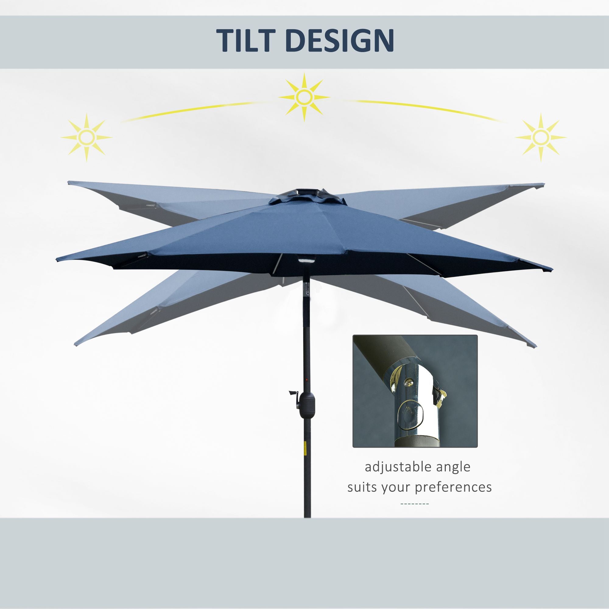 Outsunny 2.7m Garden Parasol Sun Umbrella w/ LED Solar Light Angled Canopy Blue - North Peak Garden Furniture
