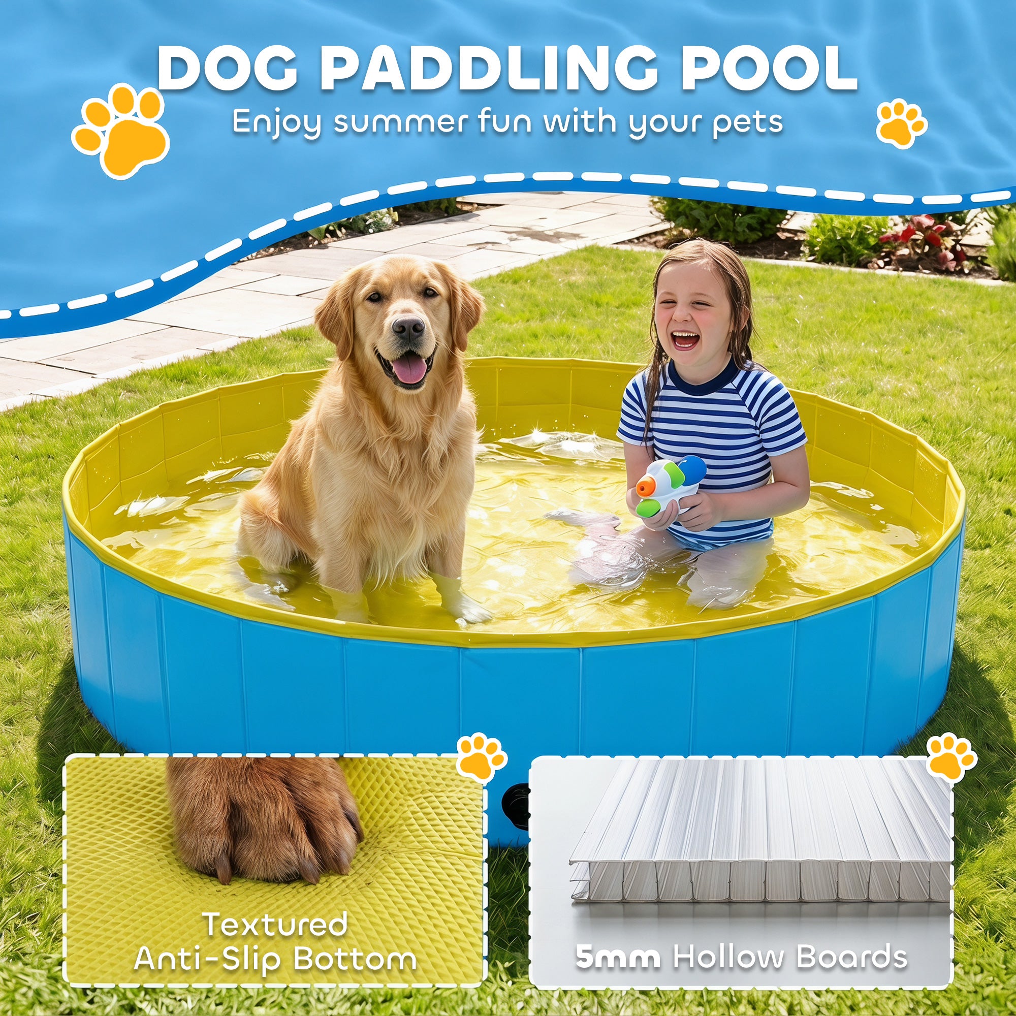 PawHut Foldable Dog Pool for Puppies and Ducks Dog Paddling Pool Bath Tub, Blue, 140 x 30cm