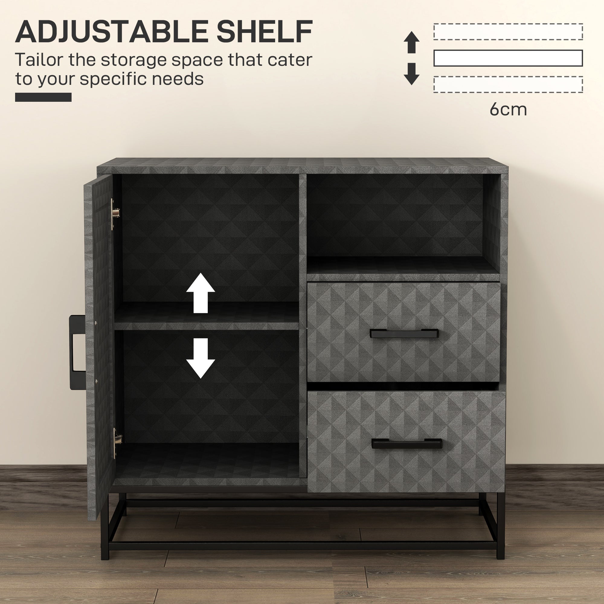 HOMCOM Sideboard with Adjustable Shelf, Freestanding Sideboard Storage Cabinet with Open Compartment and 2 Drawers, Grey - North Peak Garden Furniture