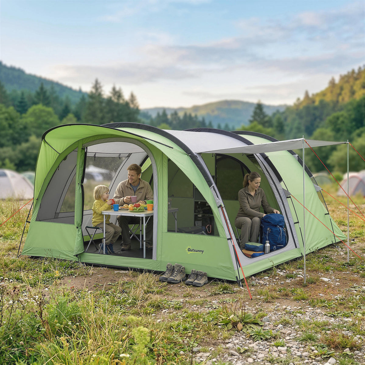 Outsunny 4 Person Easy Setup Family Camping Tent with 2 Rooms, Waterproof Tunnel Tent w/ Sewn In Groundsheet, Green & Grey