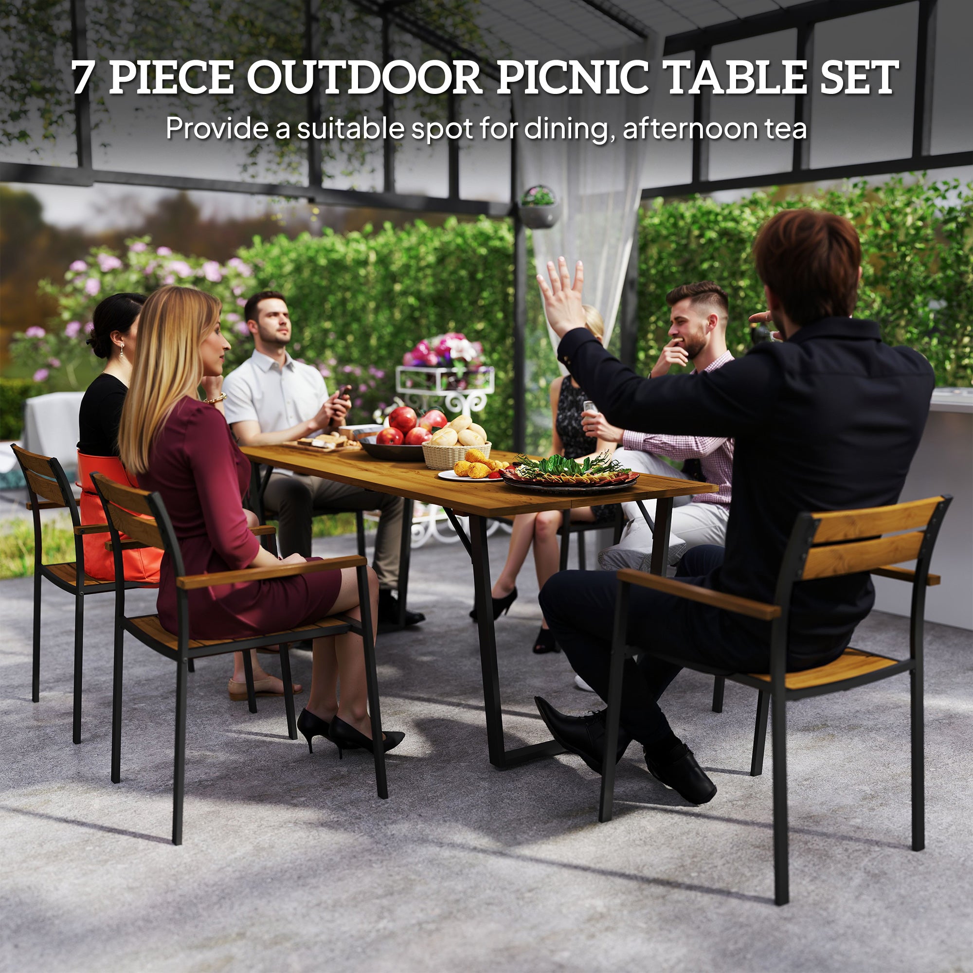 Outsunny Seven-Piece Wood Panel Patio Dining Set - Brown/Black - North Peak Garden Furniture