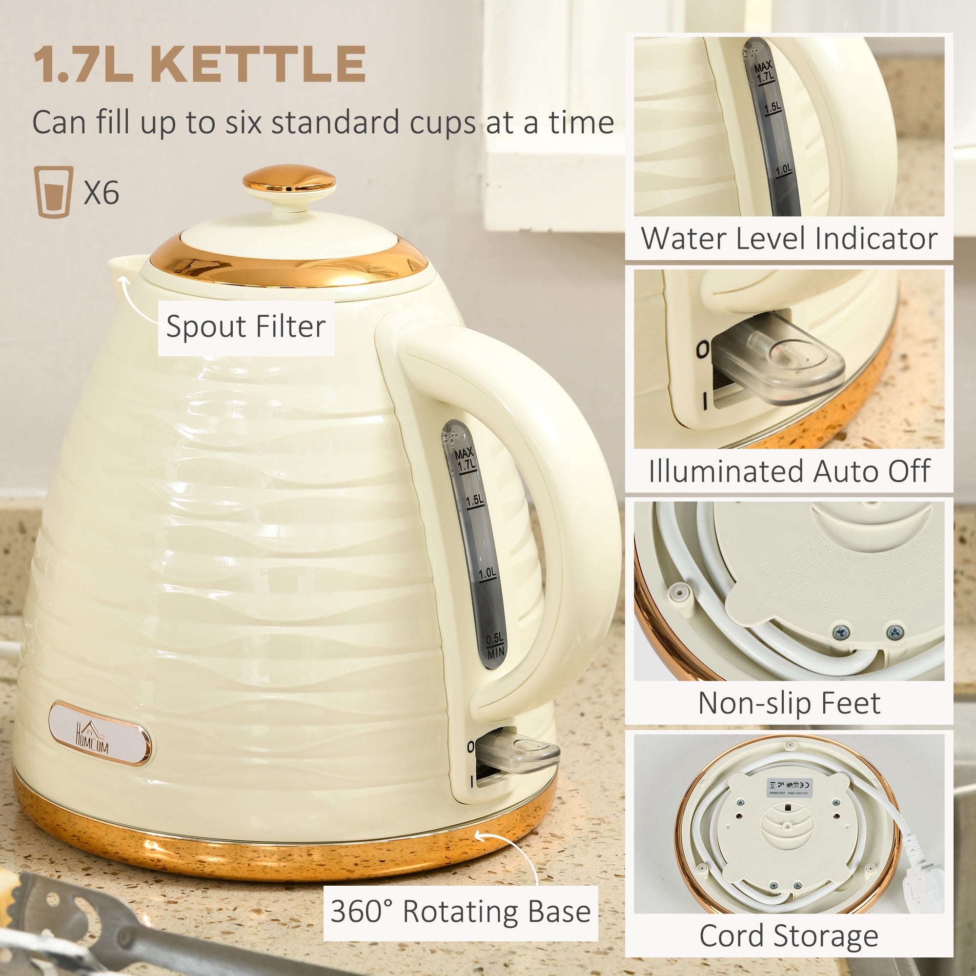 HOMCOM 3000W 1.7L Rapid Boil Kettle & 4 Slice Toaster, Kettle and Toaster Set with 7 Browning Controls and Crumb Tray, Beige - North Peak Garden Furniture