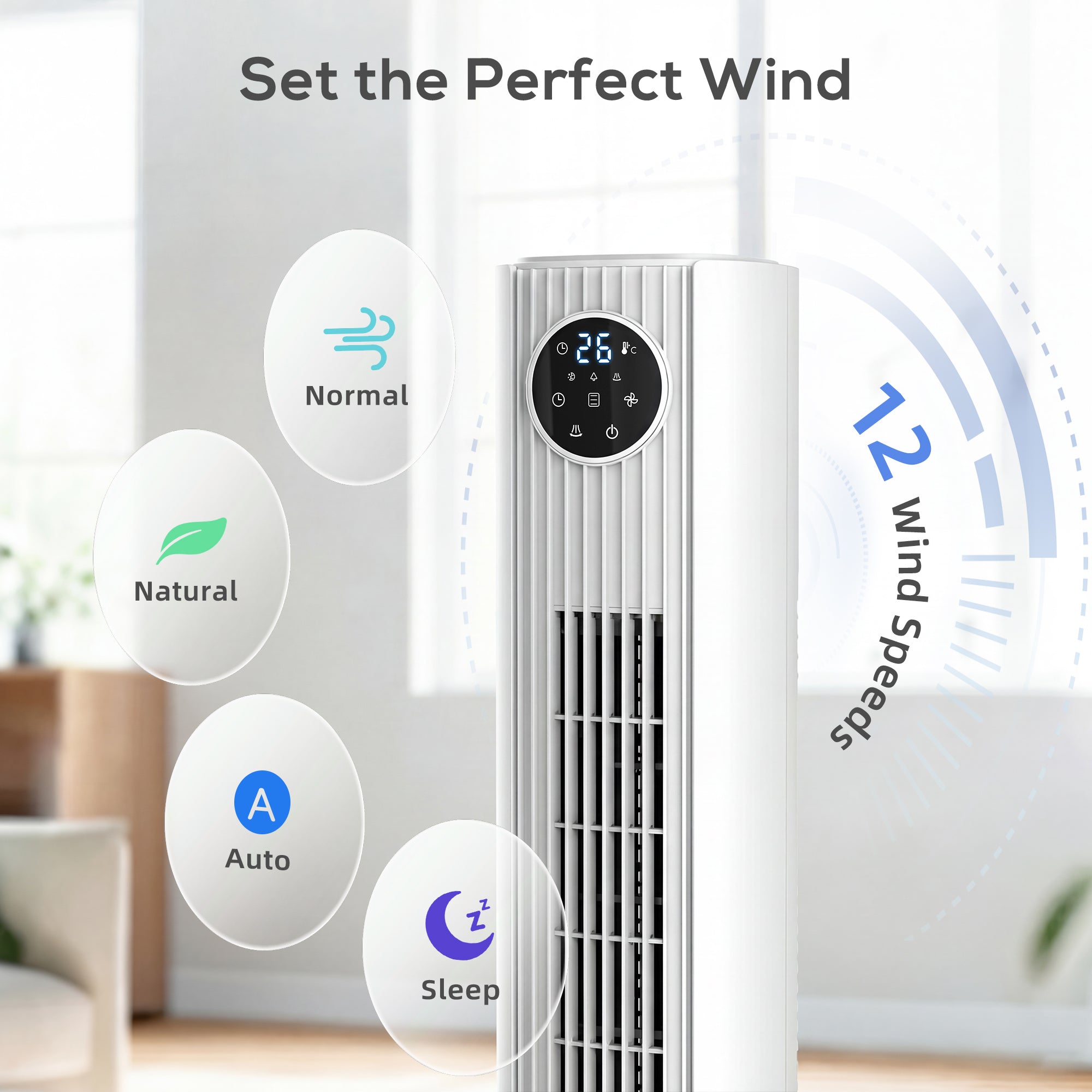 HOMCOM 28dB Tower Fan for Bedroom, 26 ft/s Velocity Standing Cooling Fan with 80° Oscillating, 12 Speeds, LED Display, 4 Modes, 12H Timer, Remote Control, 36 inch, White