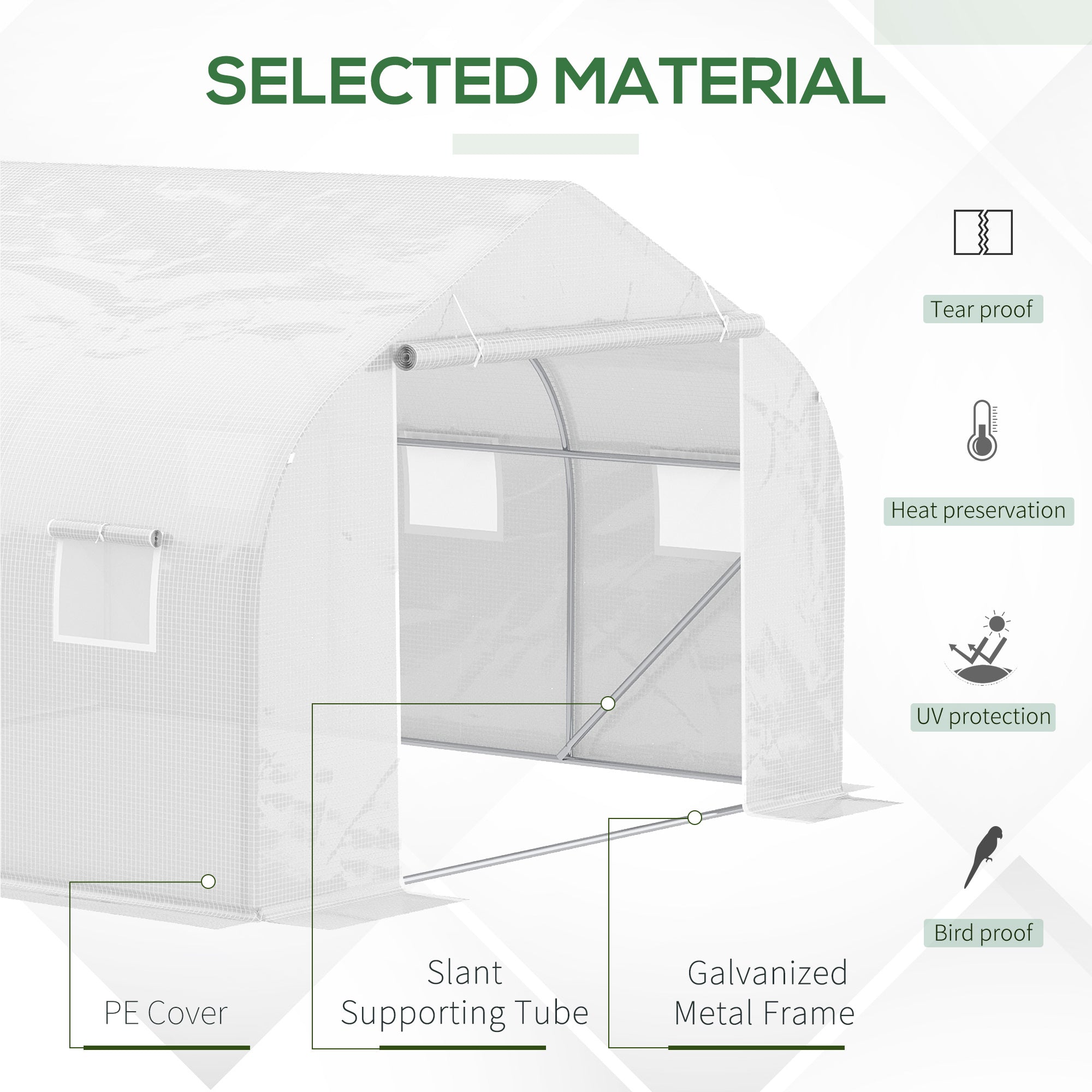 Outsunny Walk-In Tunnel Greenhouse with Replacement Cover, Outdoor Growhouse with PE Cover, Roll Up Door and 6 Windows, 4.5 x 3 x 2 m, White