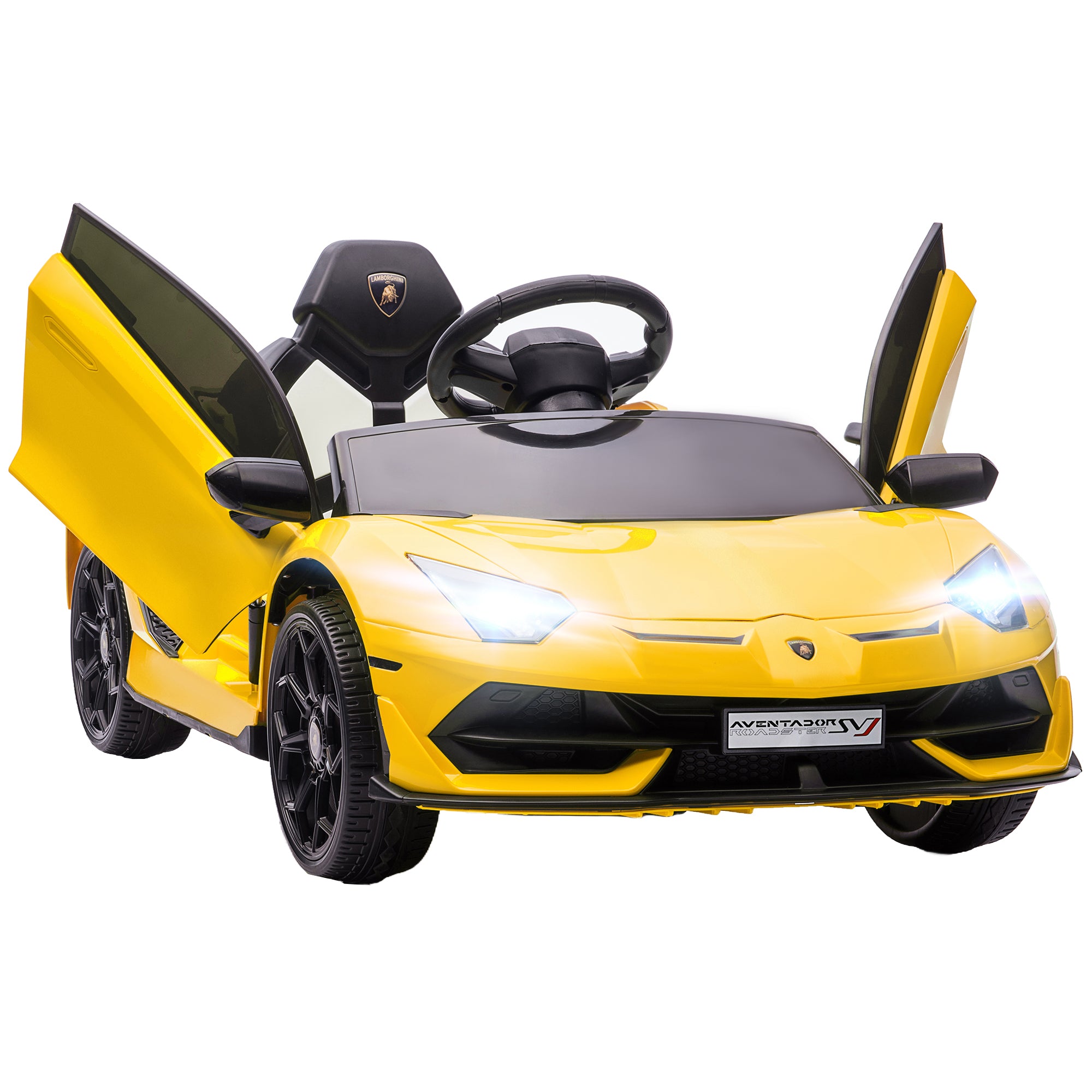 HOMCOM Lamborghini Licensed 12V kids Electric Car w/ Butterfly Doors, Remote, Music, Horn, Suspension - Yellow - North Peak Garden Furniture