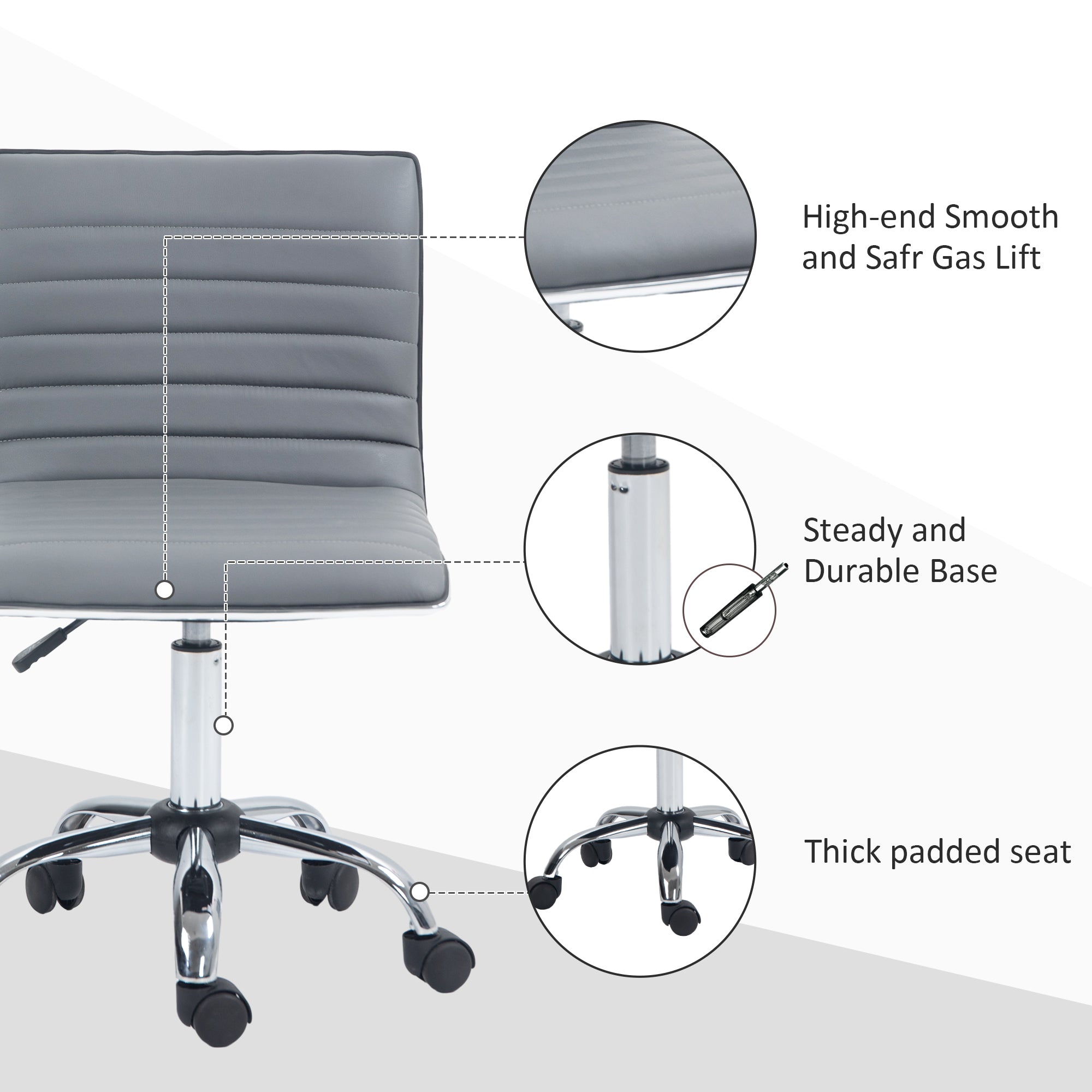 HOMCOM Adjustable Swivel Office Chair with Armless Mid-Back in PU Leather and Chrome Base - Light Grey - North Peak Garden Furniture