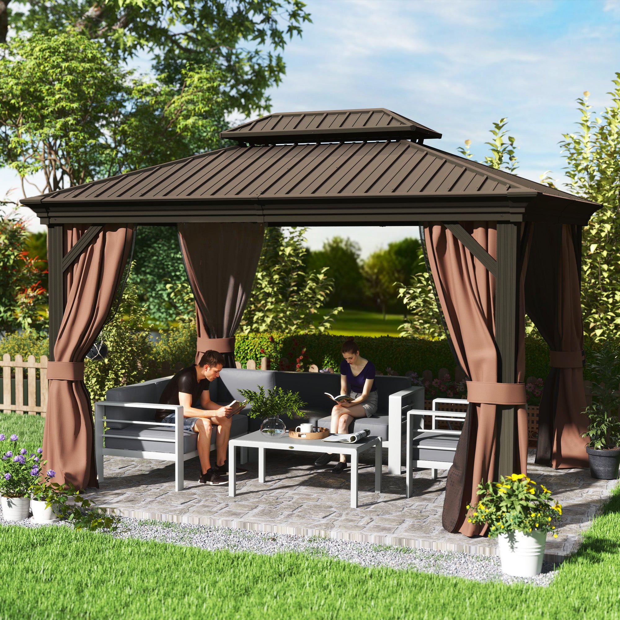 Outsunny 3 x 3.7m Outdoor Hardtop Gazebo Canopy Aluminium Frame with 2-Tier Roof & Mesh Netting Sidewalls for Patio, Dark Brown - North Peak Garden Furniture