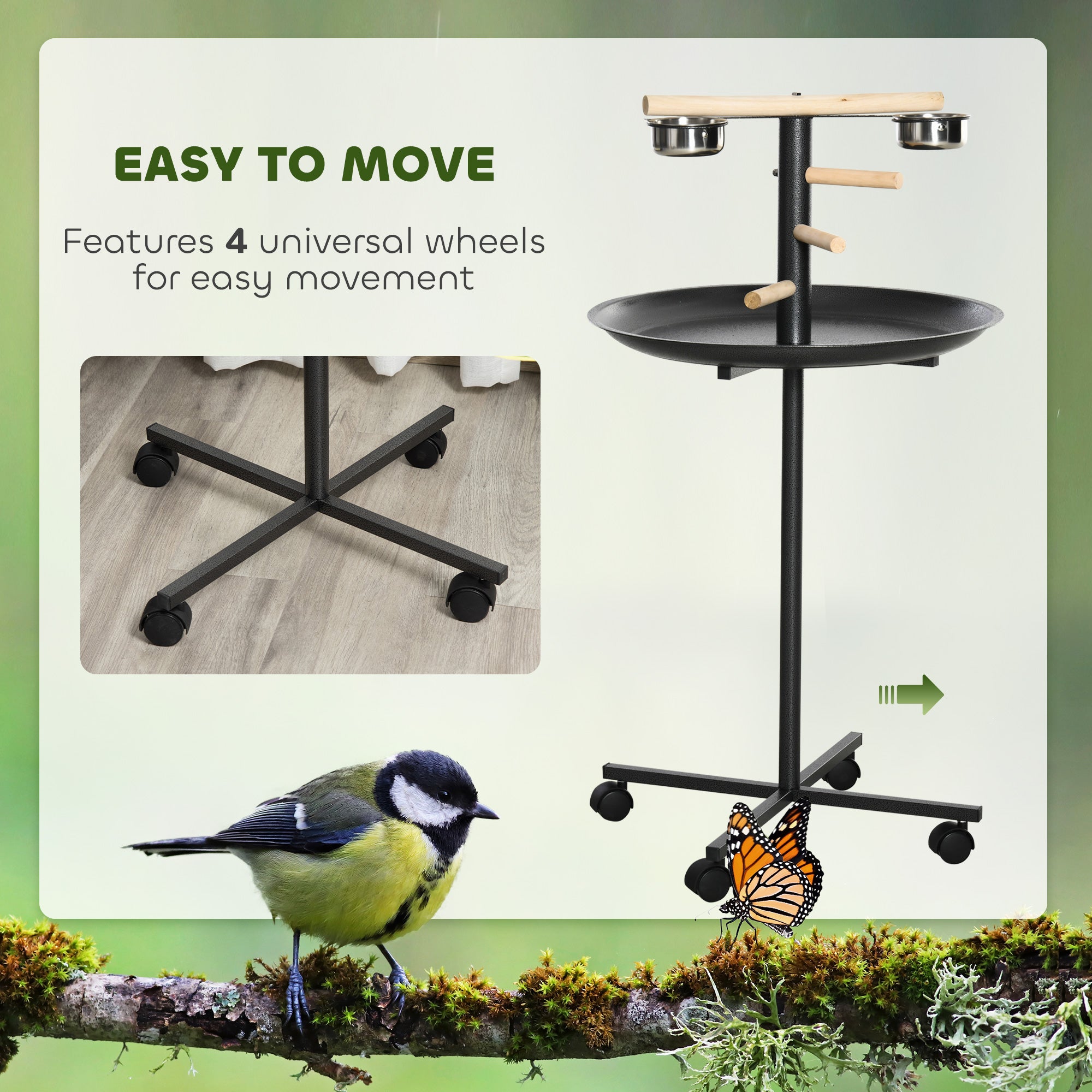 PawHut Metal Bird Table Play Stand, Bird Feeder Station Parrot Perch with Four Wheels Feeding Bowls Round Tray