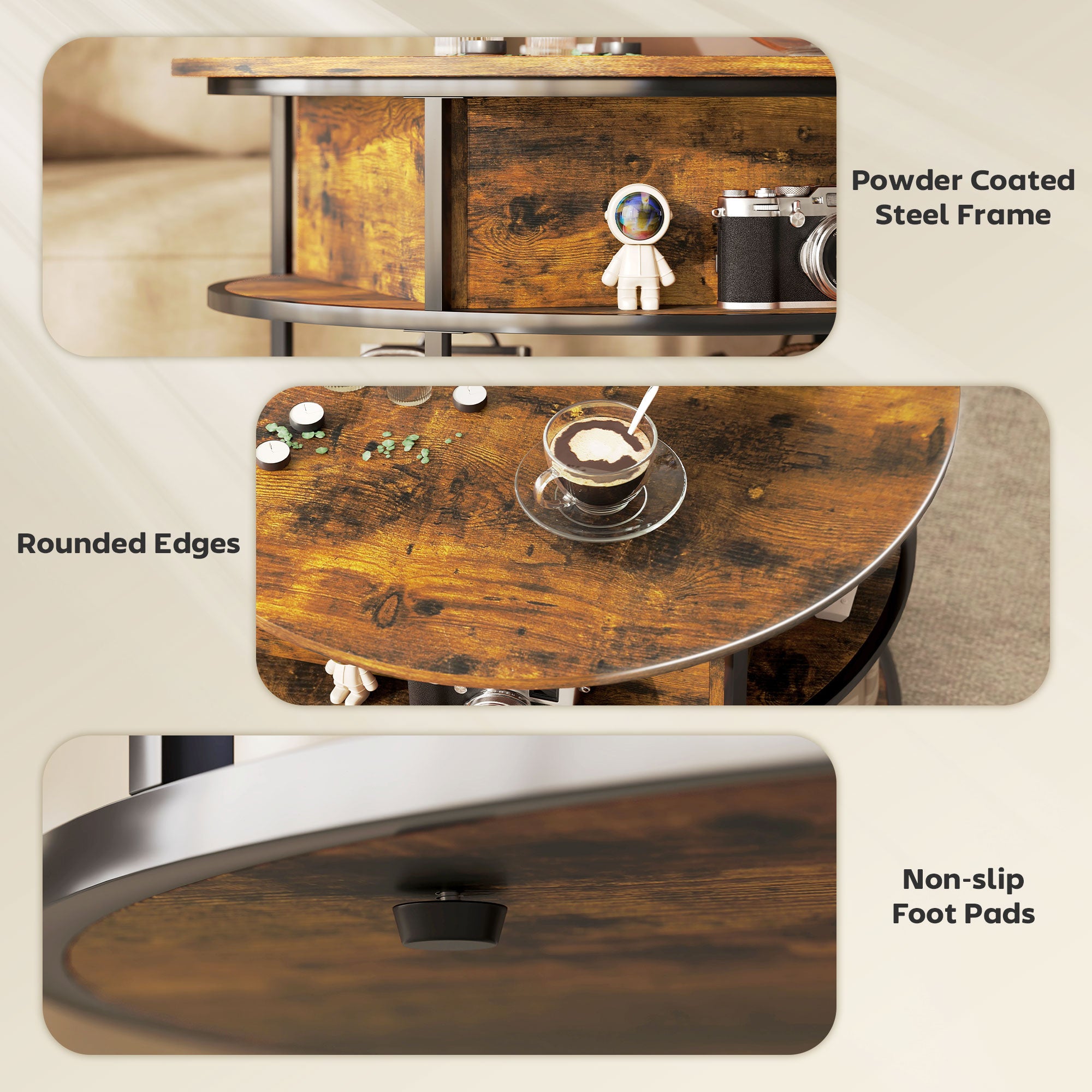 HOMCOM Lift Top Coffee Table, Round Coffee Table with Storage Shelf, Hidden Compartment and Steel Frame for Living Room, Home Office, Brown - North Peak Garden Furniture
