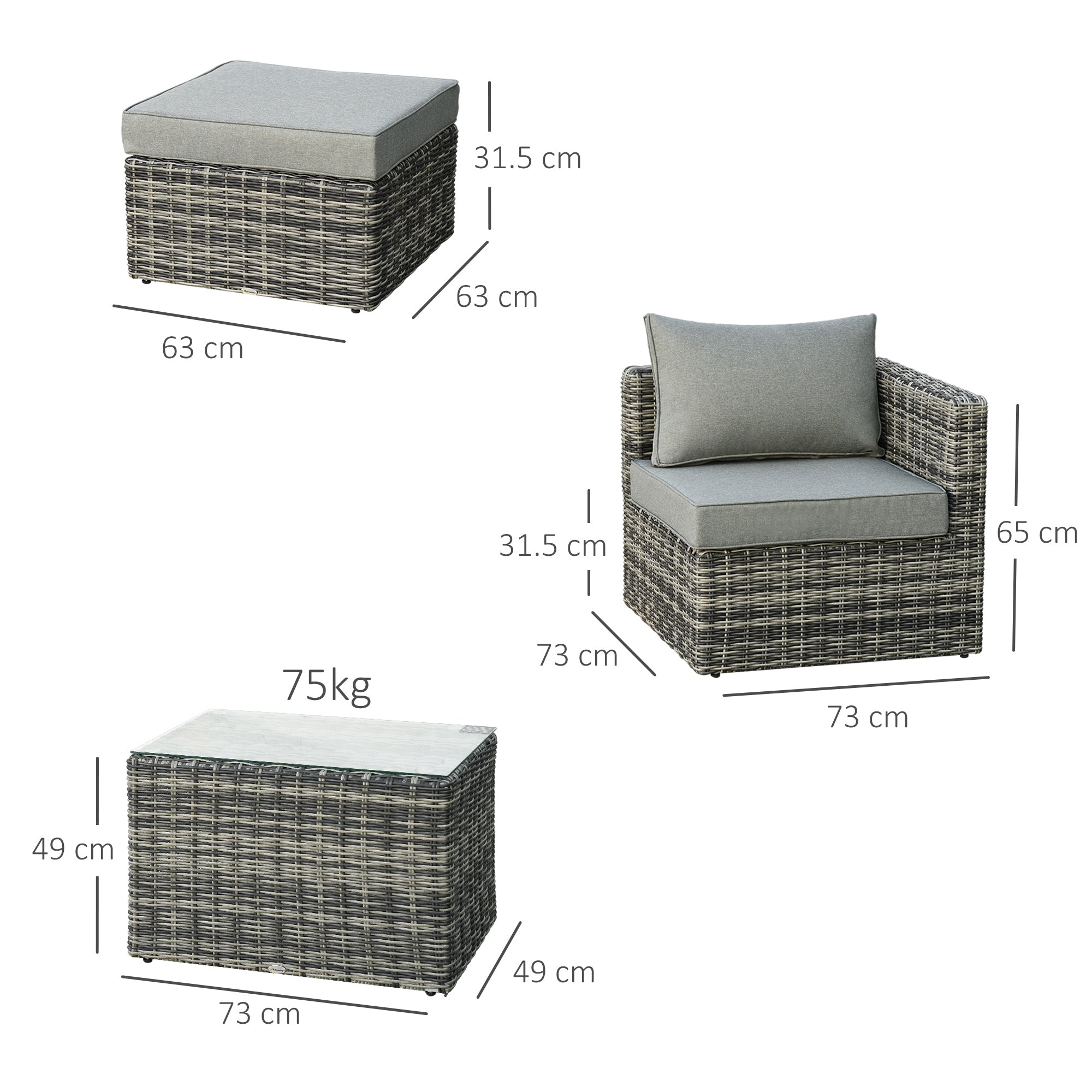 Outsunny 2 Seater Rattan Garden Furniture Set w/ Tall Glass-Top Table Aluminium Frame Balcony Sofa, Mixed Grey