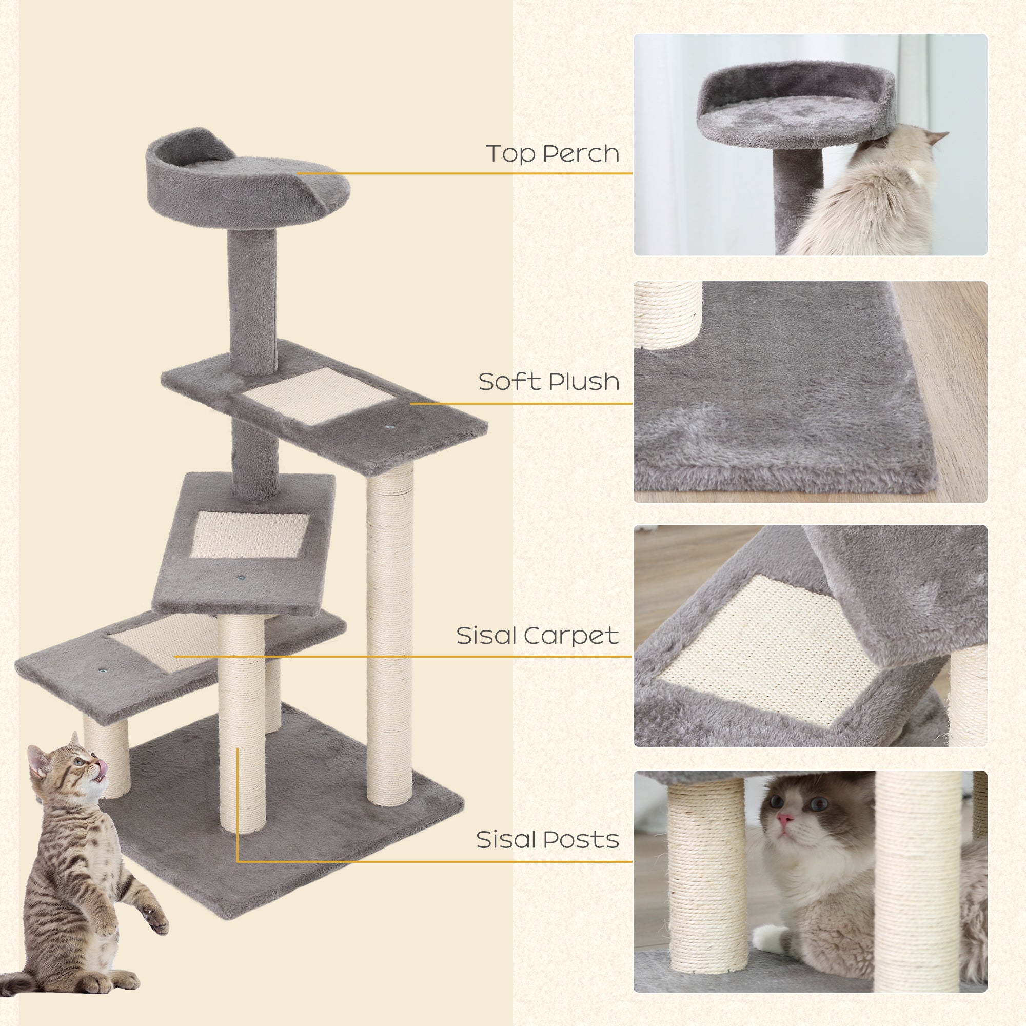 PawHut 100 cm Cat Tree for Indoor Cats Kitten Scratch Scratching Post Climbing Tower Activity Centre Grey - North Peak Garden Furniture