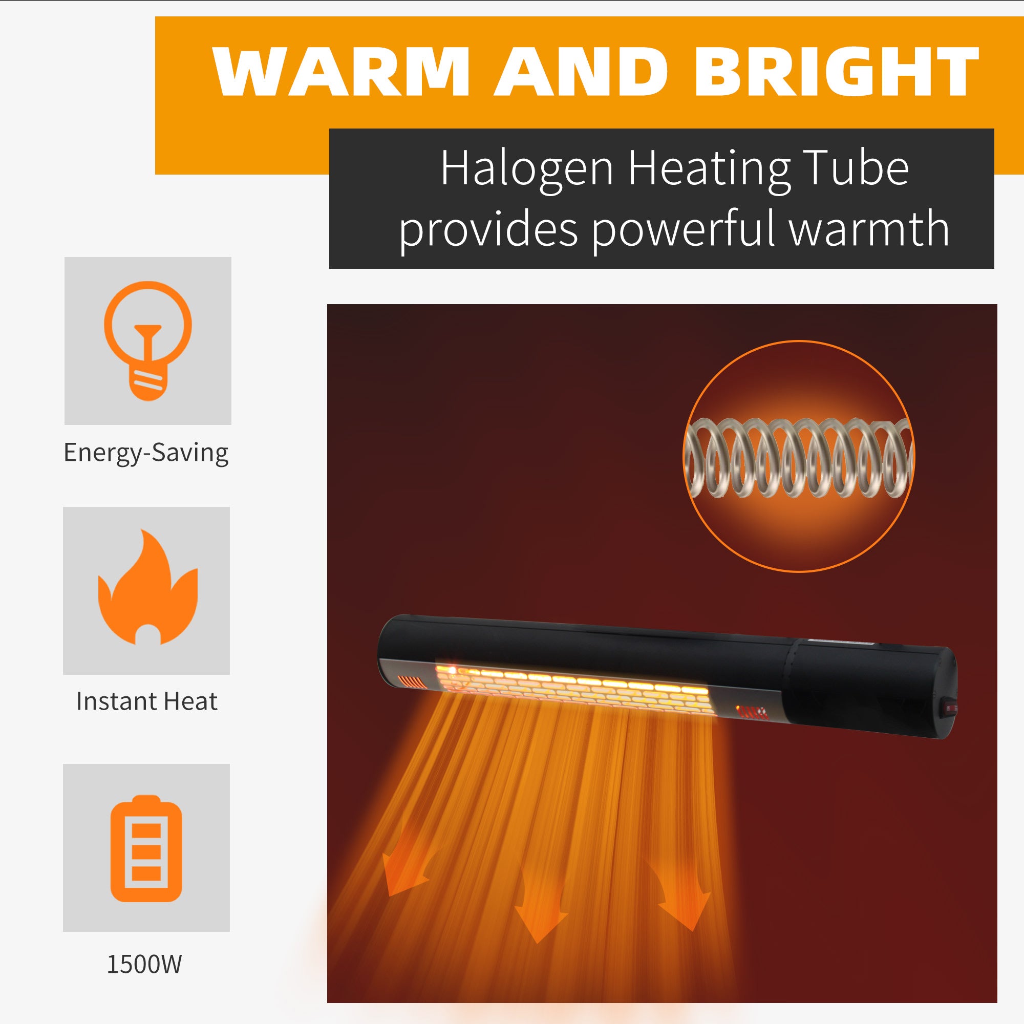 Outsunny Outdoor Patio Garden Warmer 1500W Wall Mounted Electric Infrared Halogen Heater with Remote Control Black - North Peak Garden Furniture