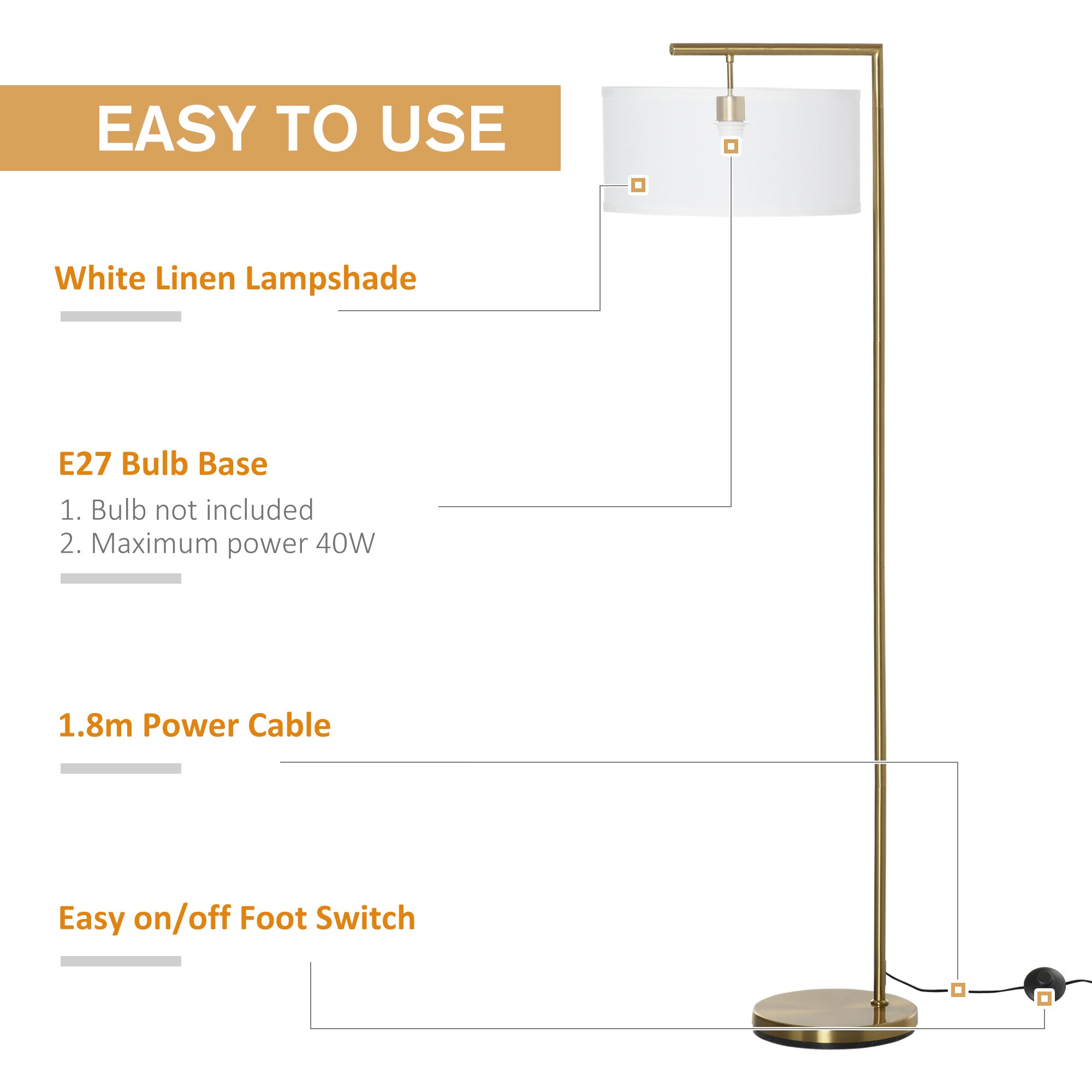 HOMCOM Floor Lamp, Modern Standing Light with Linen Lampshade, Round Base for Living Room, Bedroom, Dining Room, 153cm, Gold and White