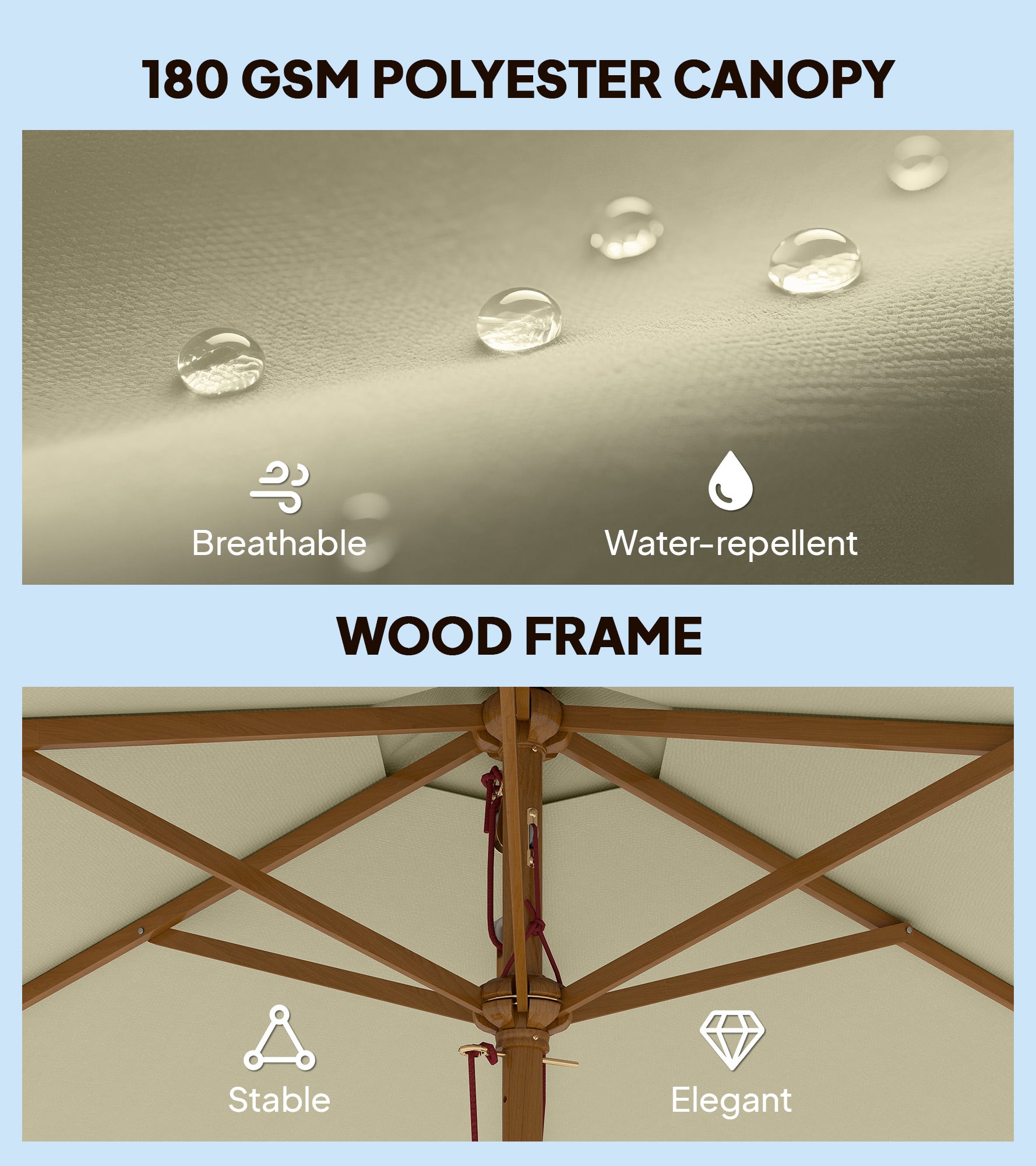 Outsunny 2.5m Wood Garden Parasol Sun Shade Patio Outdoor Wooden Umbrella Canopy, Table Market Umbrella with Vent, 38mm Pole, Rope Pulley Mechanism, Cream White