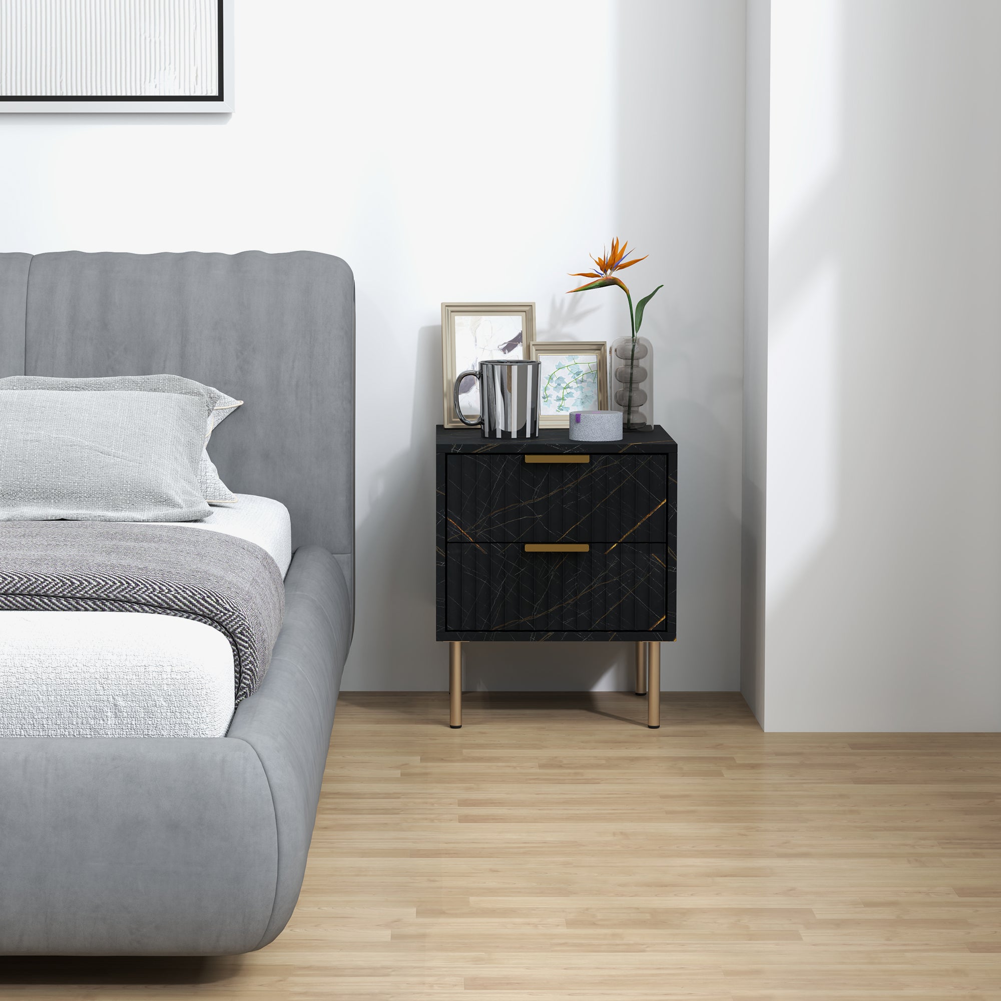 HOMCOM Elegant Two-Drawer Bedside Table - Black - North Peak Garden Furniture