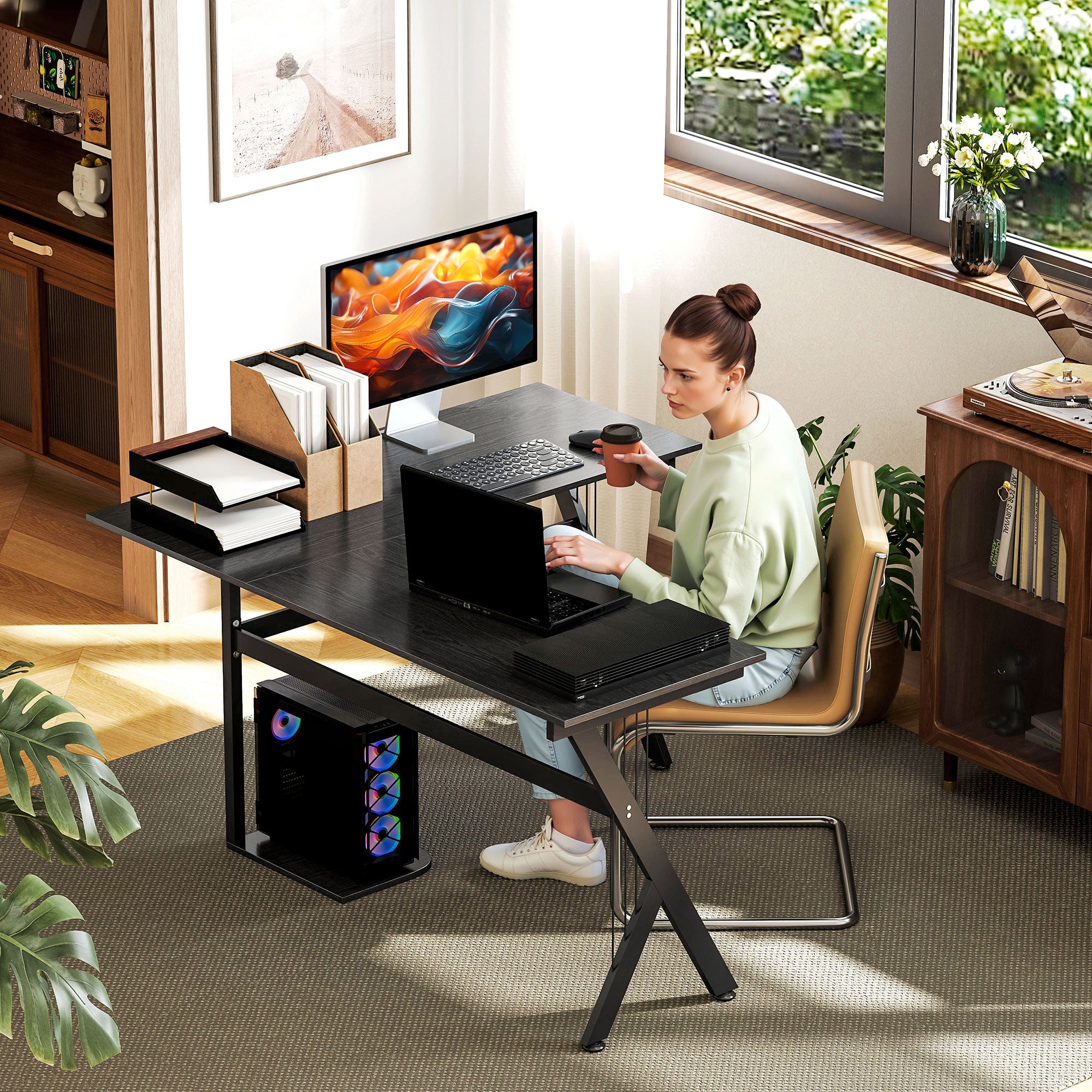 HOMCOM L Shaped Gaming Desk, 155 x 130cm Corner Computer Desk with CPU Stand for Home Office, Study Workstation, Black - North Peak Garden Furniture