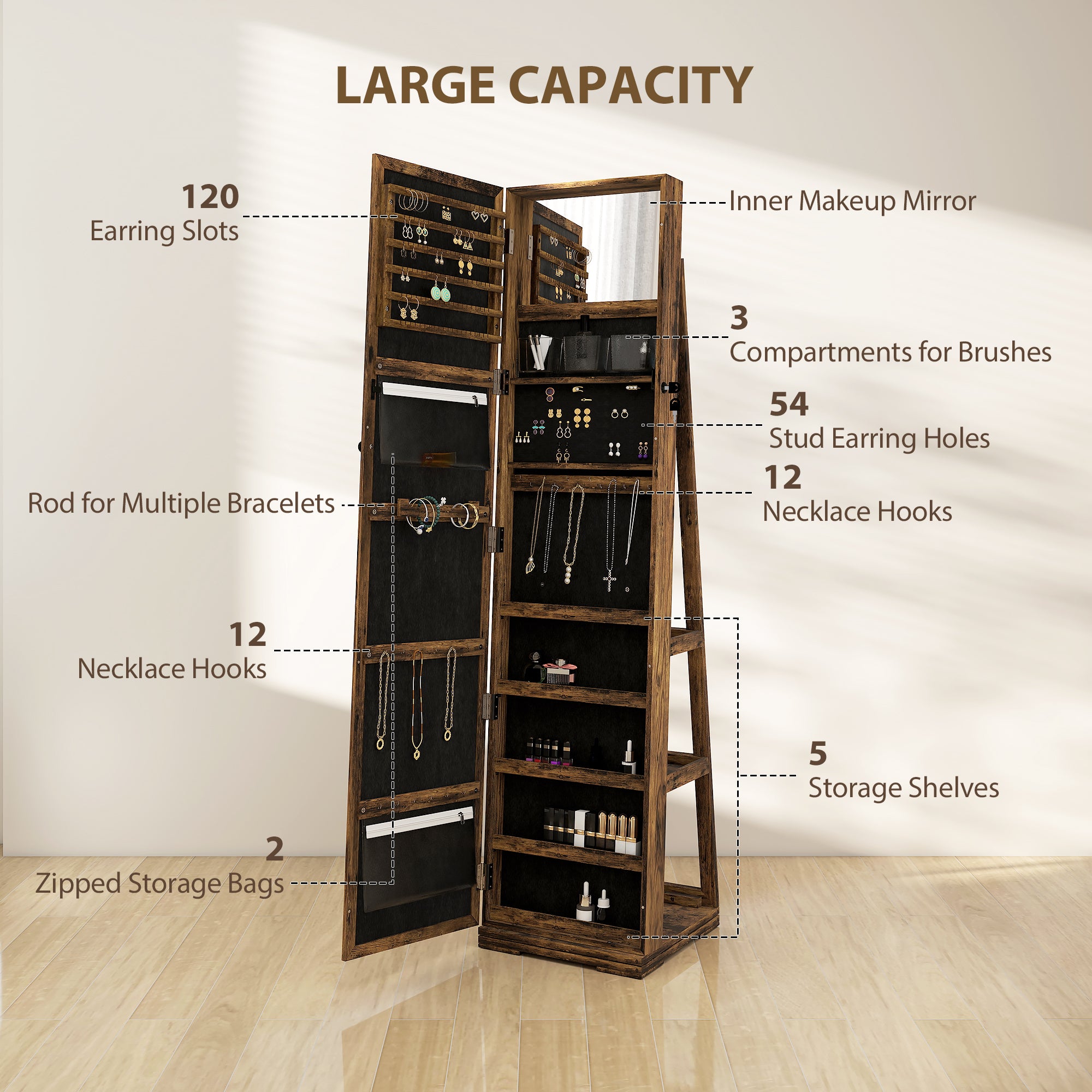HOMCOM 360° Swivel Jewellery Cabinet, Mirror Armoire, Full Length Mirror, Lockable Jewellery Organiser with Built-In Small Mirror, Rustic Brown