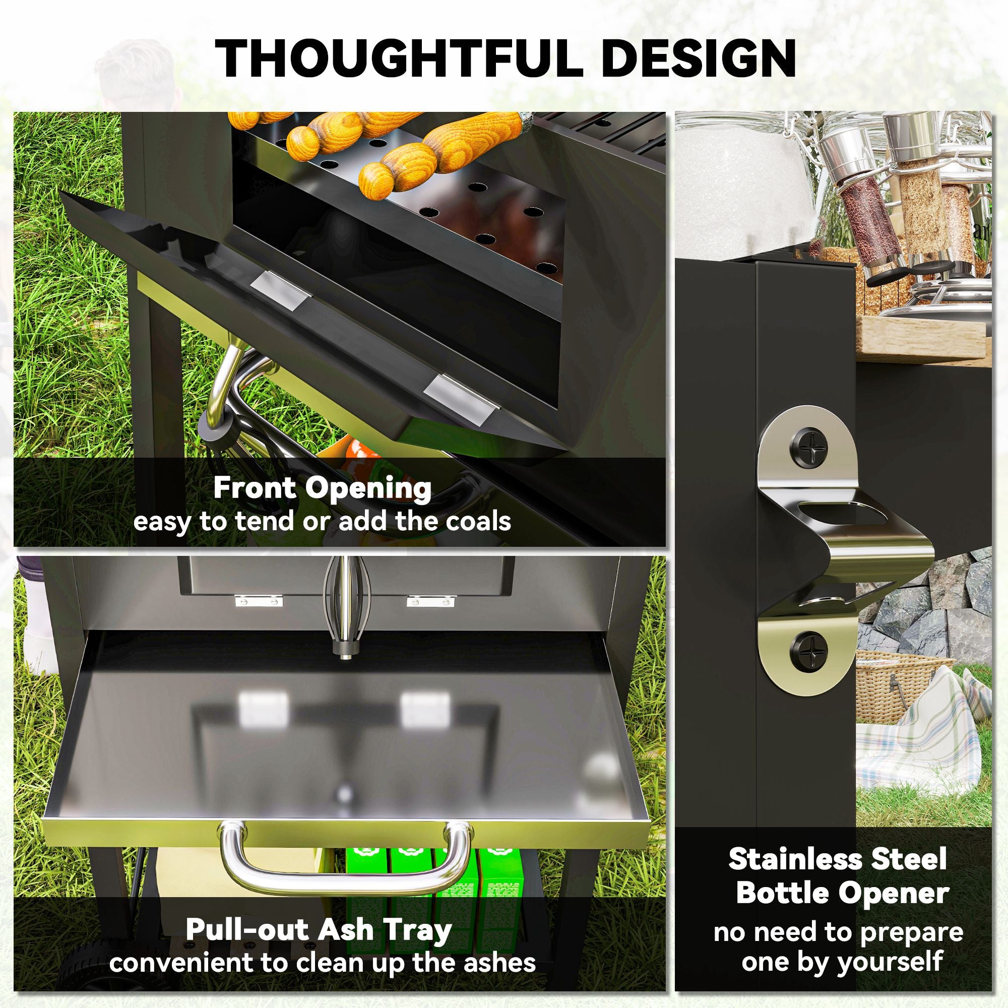 Outsunny Charcoal BBQ Grill with Height Adjustable Charcoal Pan, Portable Barbecue Smoker with Warming Rack, 3 Shelves, Temperature Gauge, Wheels, Bottle Opener for Outdoor Cooking Garden Party - North Peak Garden Furniture