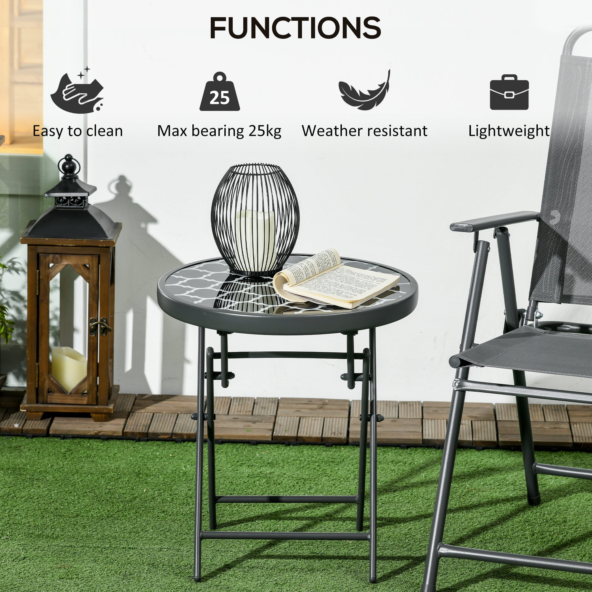 Outsunny Φ45cm Garden Side Table, Outdoor Round Folding Patio Table with Imitation Marble Glass Top, Small Coffee Table, Black and White - North Peak Garden Furniture