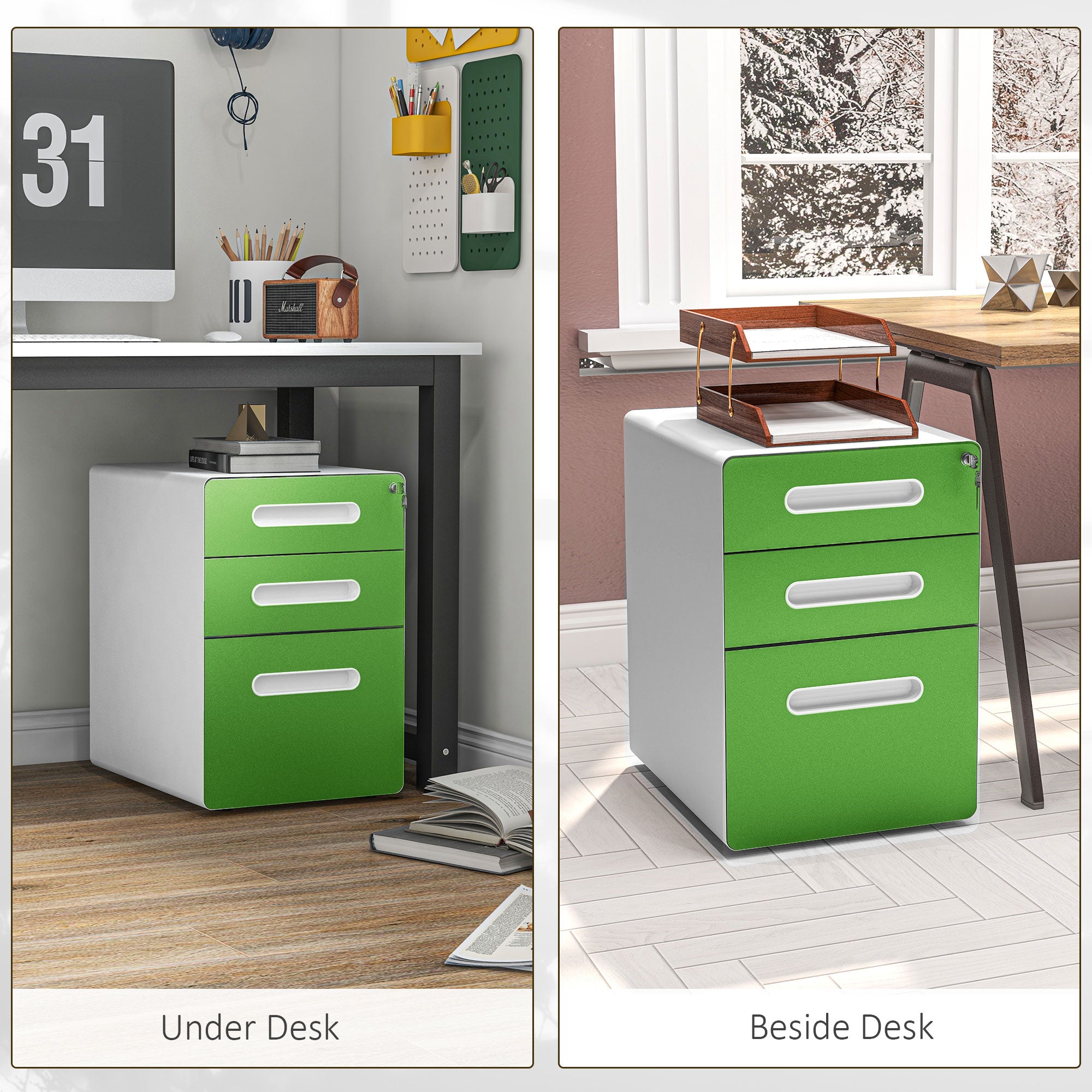 Vinsetto 3 Drawer Filing Cabinet, Steel Lockable File Cabinet with Lock and Wheels, for A4, Letter, Legal Sized Files, Green - North Peak Garden Furniture