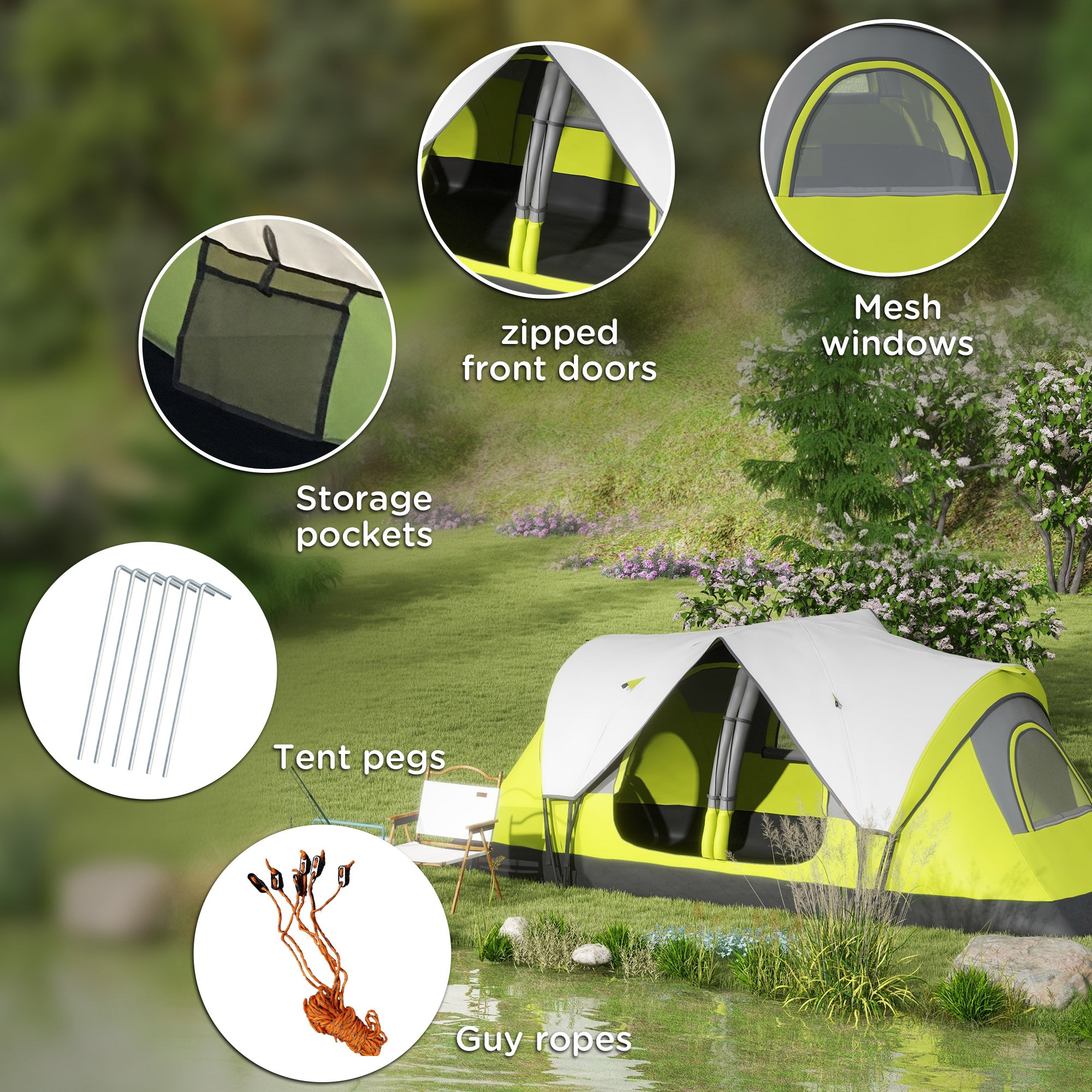 Outsunny Camping Tent for 6-8 Man with 2000mm Waterproof Rainfly and Carry Bag for Fishing Hiking Festival, Yellow - North Peak Garden Furniture