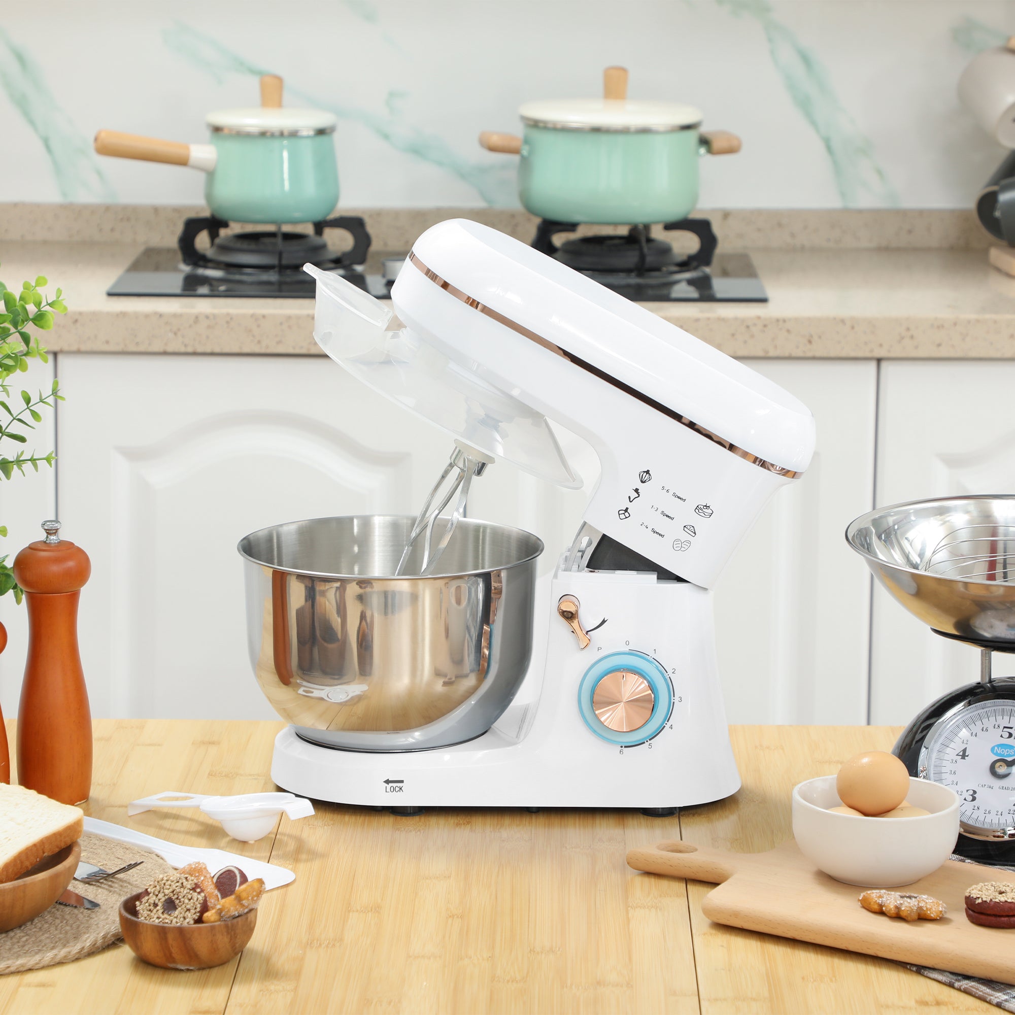 HOMCOM Stand Mixer, 5L Food Mixer for Baking, 6 Speeds and Pulse Setting, 1400W Cake Electric Kitchen Mixer with Dough Hook, Whisk, Stainless Steel Bowl, Splash Guard, Beater, White - North Peak Garden Furniture
