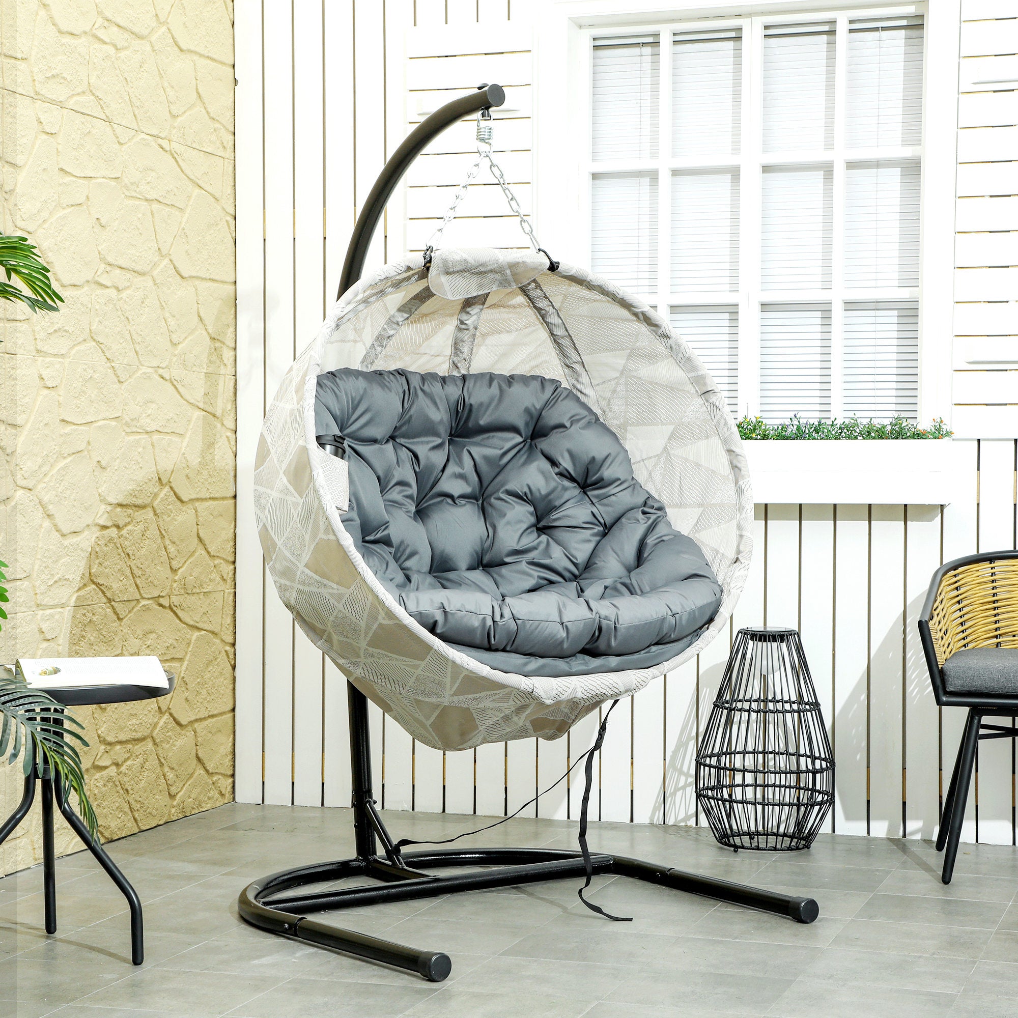 Outsunny Hanging Egg Chair Outdoor Indoor Garden Swing Chair with Folding Basket, Garden Hanging Chair with Stand, Thickened Cushion, Cup Holder for Patio, Balcony, Grey