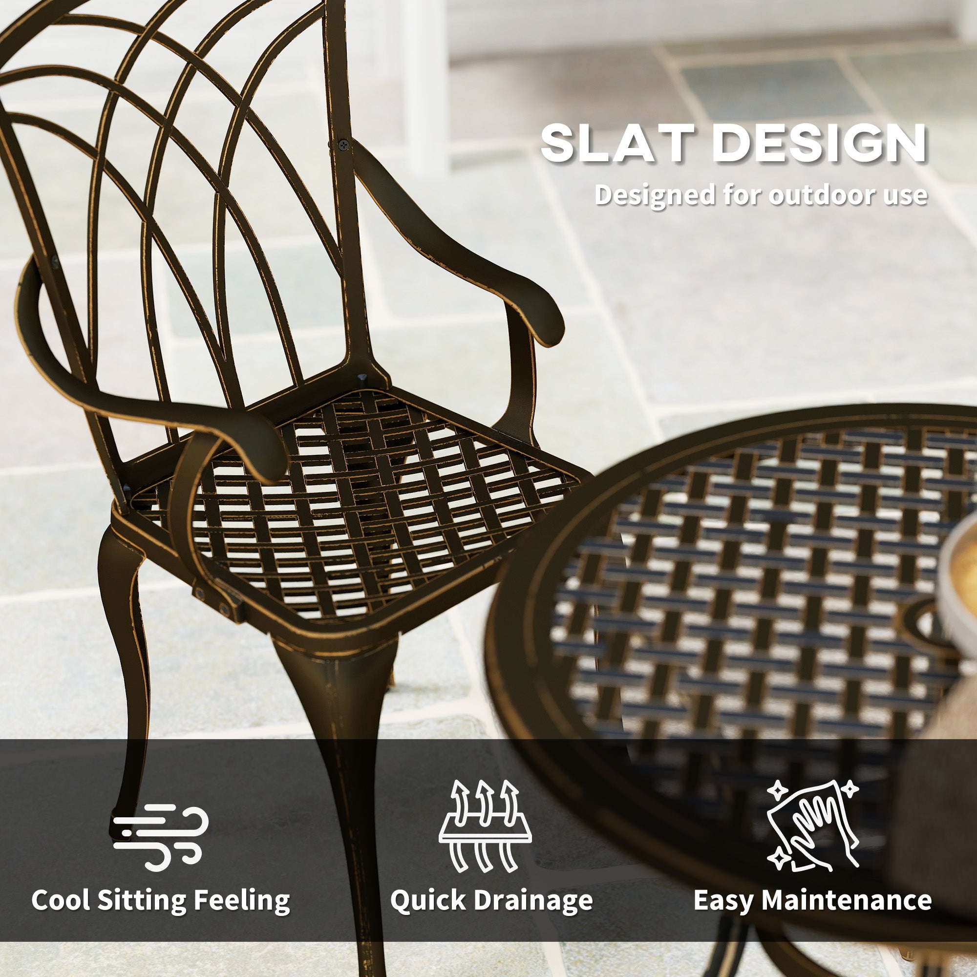 Outsunny 5 Pieces Garden Dining Set for 4, Cast Aluminium Outdoor Dining Set with 4 Armchairs and Round Dining Table with Parasol Hole, Garden Furniture Set, Bronze Tone - North Peak Garden Furniture