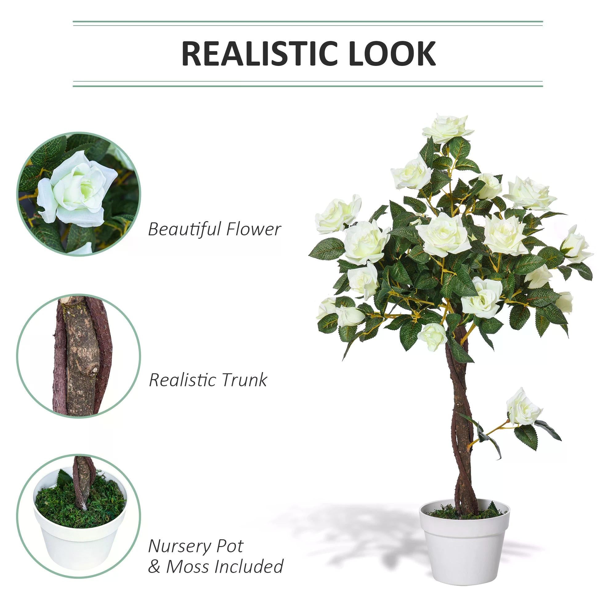 Outsunny 90cm/3FT Artificial Rose Tree Fake Decorative Plant w/ 21 Flowers Pot Indoor Outdoor Faux Decoration Home Office Décor White & Green