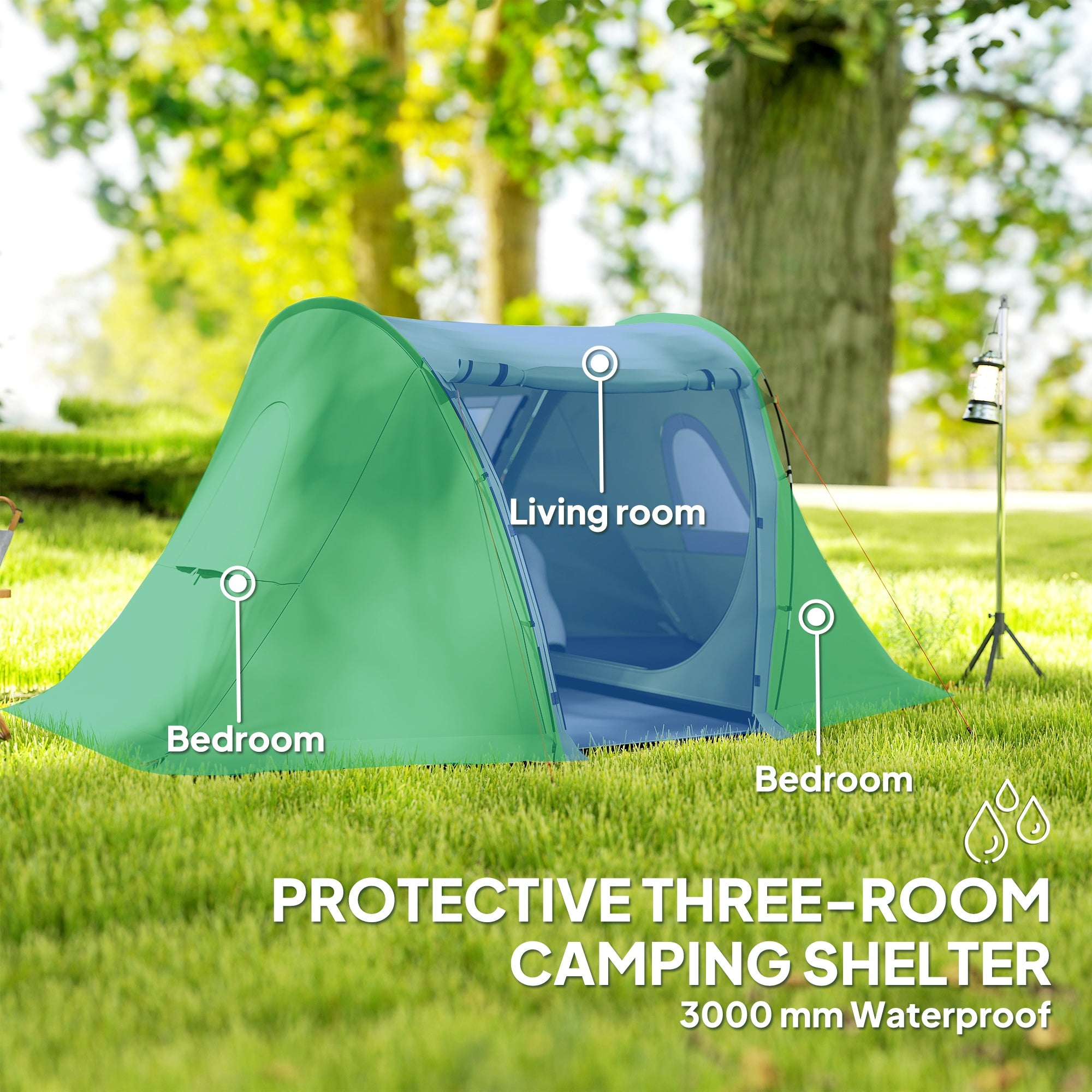 Outsunny 3 Man Camping Tent with Living Area and 2 Bedrooms, 3000mm Waterproof Family Tent with Sewn-in Groundsheet, Portable with Bag for Hiking, Festival, Backpacking, Green - North Peak Garden Furniture