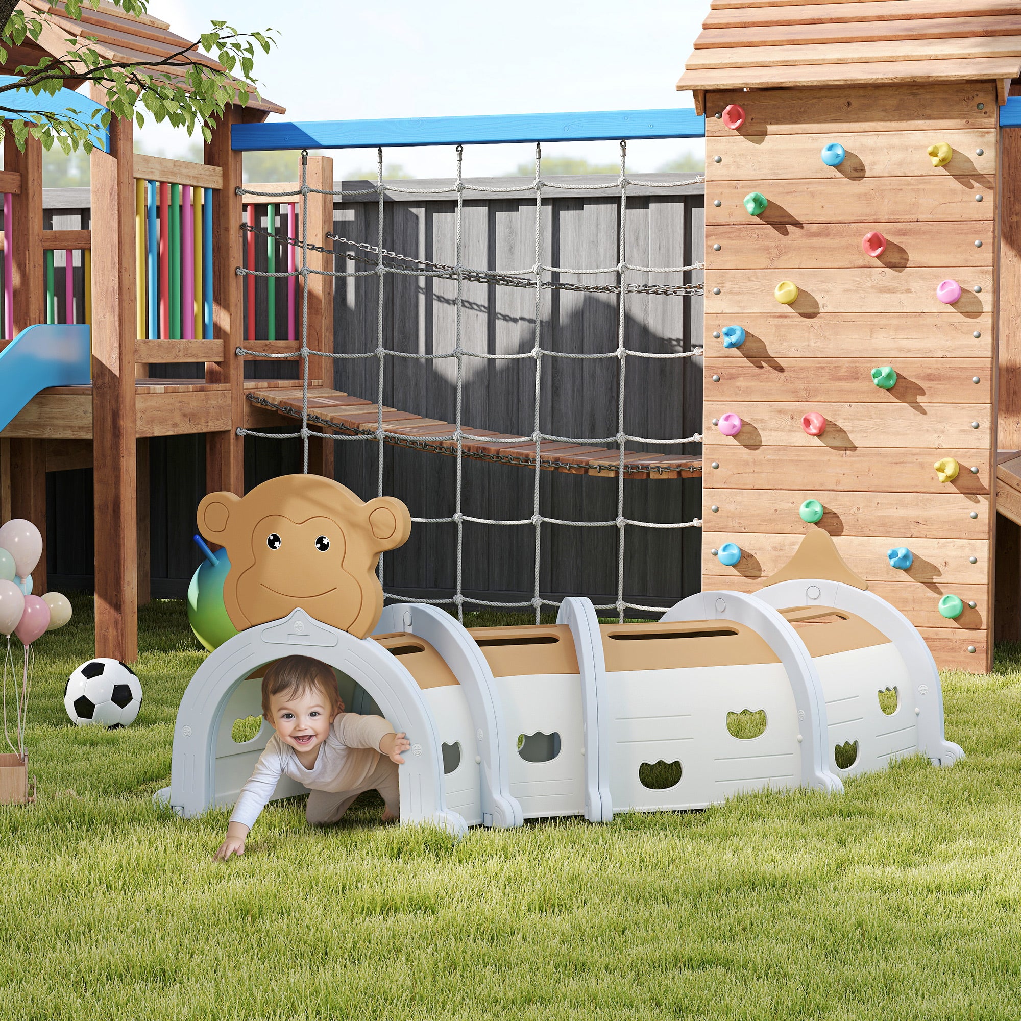 AIYAPLAY Monkey Design Kids Play Tunnel for Crawl and Climb, for 3-6 Years, Brown - North Peak Garden Furniture