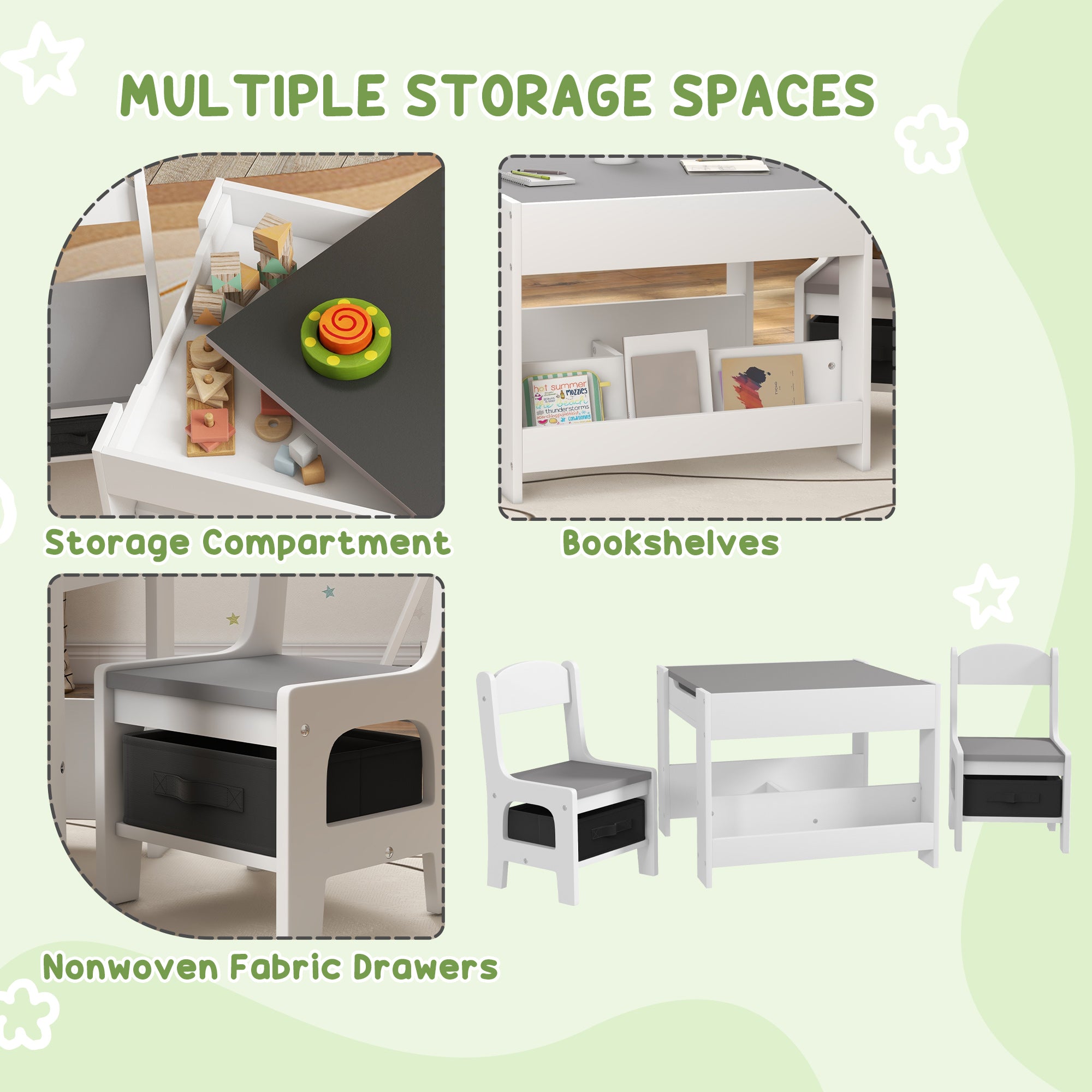HOMCOM Three-Piece Kids Table and Chair Set with Blackboard, Storage, Bookshelves - Grey - North Peak Garden Furniture