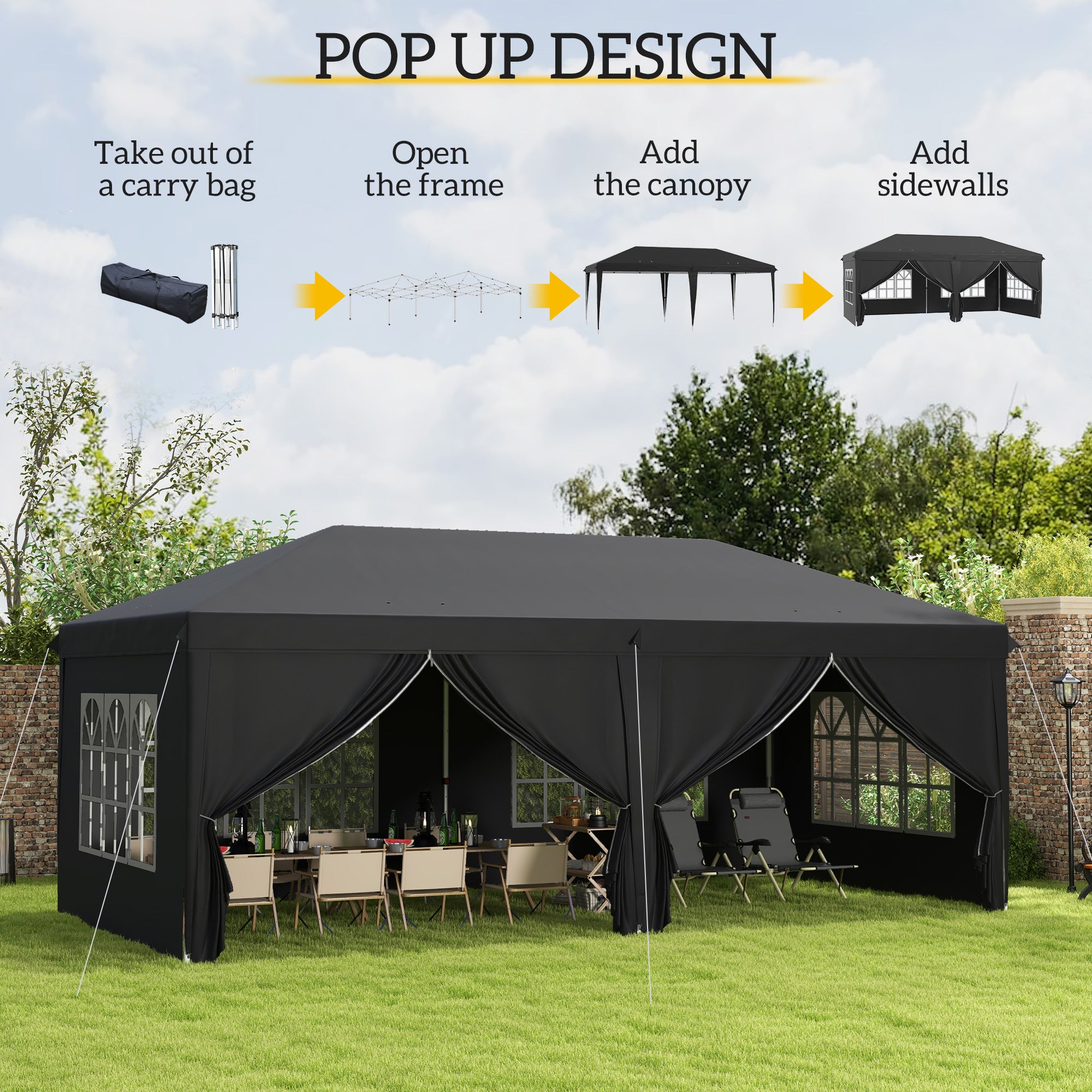 Outsunny 3 x 6 m Pop Up Gazebo with Sides and Windows, Height Adjustable Party Tent with Storage Bag for Garden, Camping, Event, Black - North Peak Garden Furniture