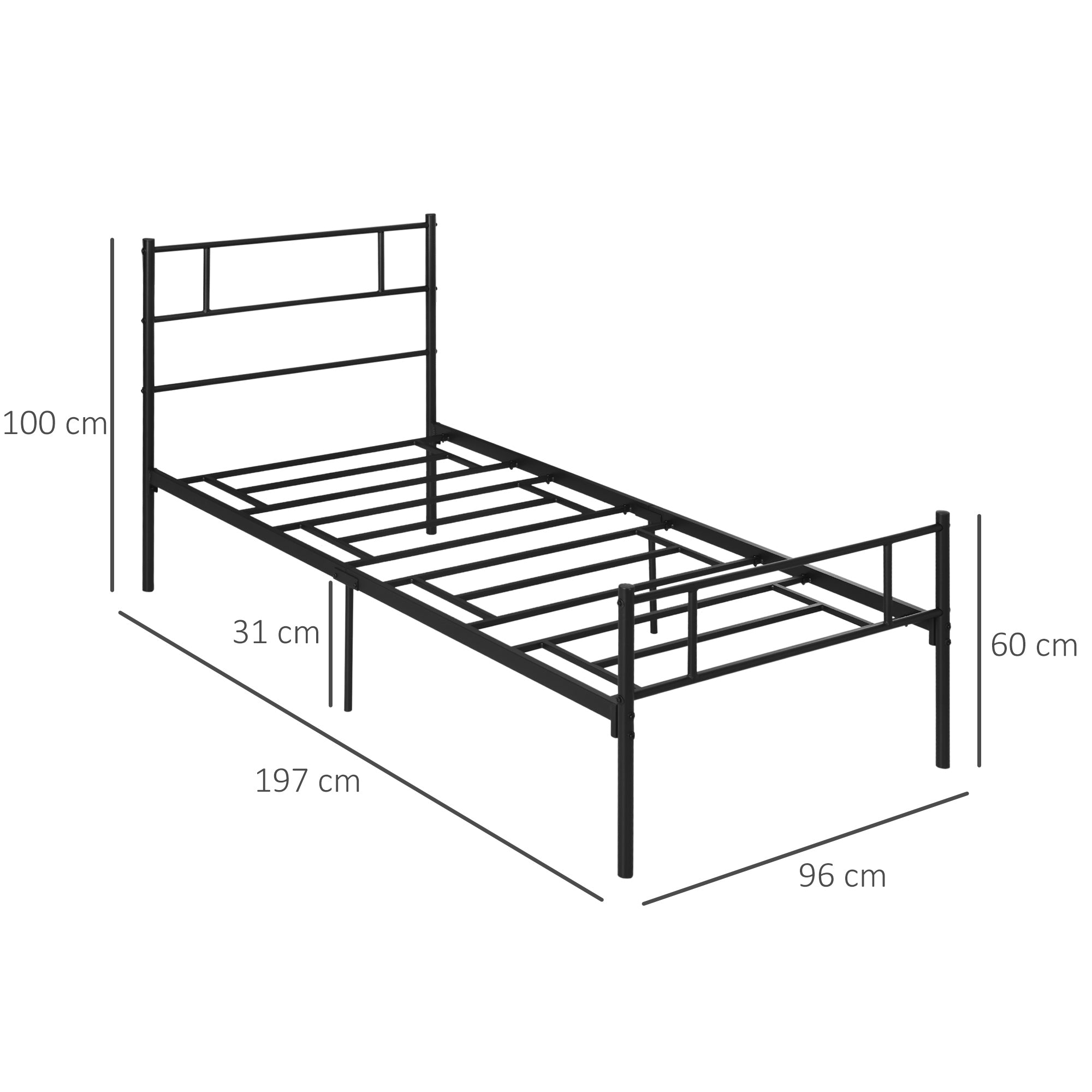 HOMCOM Single Metal Bed Frame Solid Bedstead Base with Headboard and Footboard, Metal Slat Support and Underbed Storage Space, Bedroom Furniture, Black