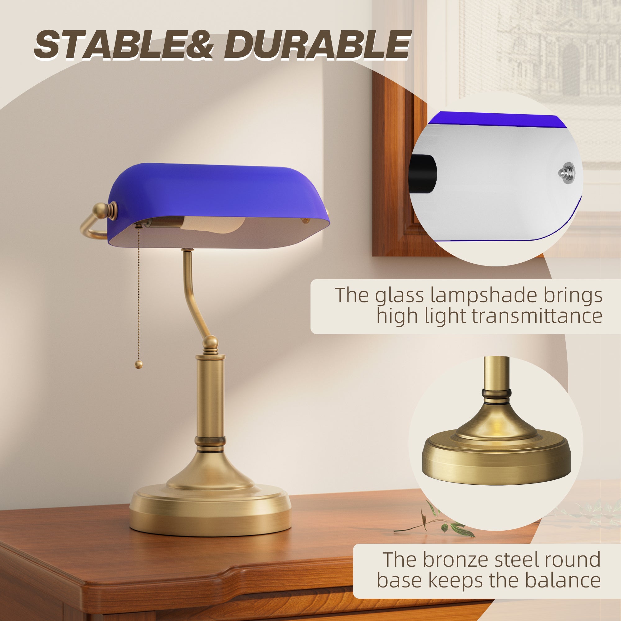HOMCOM Banker's Desk Lamp with Antique Bronze Tone Base, Table Lamp with Blue Glass Shade for Home Office, Blue - North Peak Garden Furniture