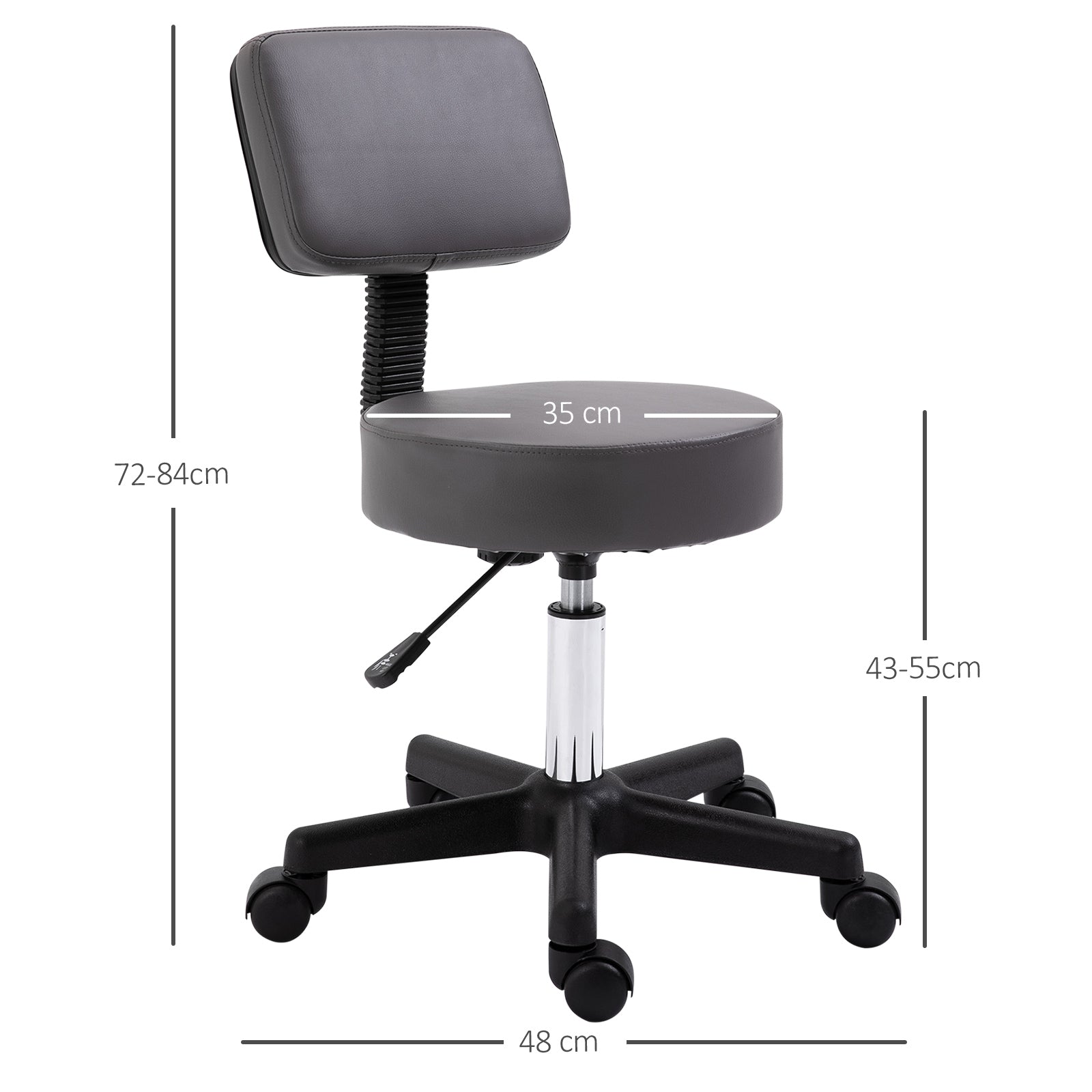 HOMCOM Beautician's Swivel Salon Chair w/ Padded Seat Back 5 Wheels Adjustable Height Salon Hairdressers Tattoo Spa Rolling Cushion Professional 35cm Grey - North Peak Garden Furniture