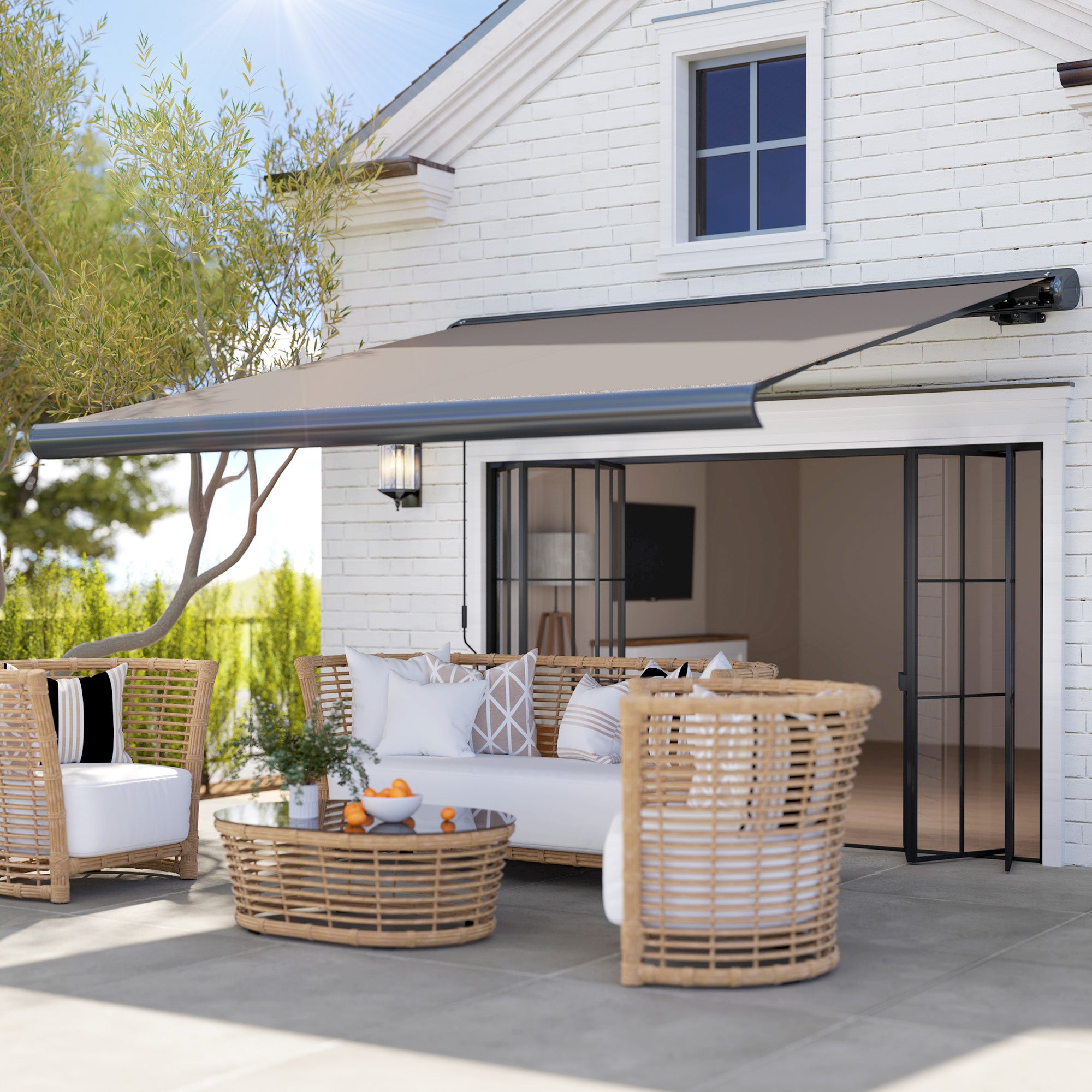 Outsunny 3 x 2.5 m Electric Awning with Remote Controller, Aluminium Frame DIY Retractable Awning, UV50+ Sun Shade Canopy for Garden Patio Deck Door Window, Light Grey - North Peak Garden Furniture