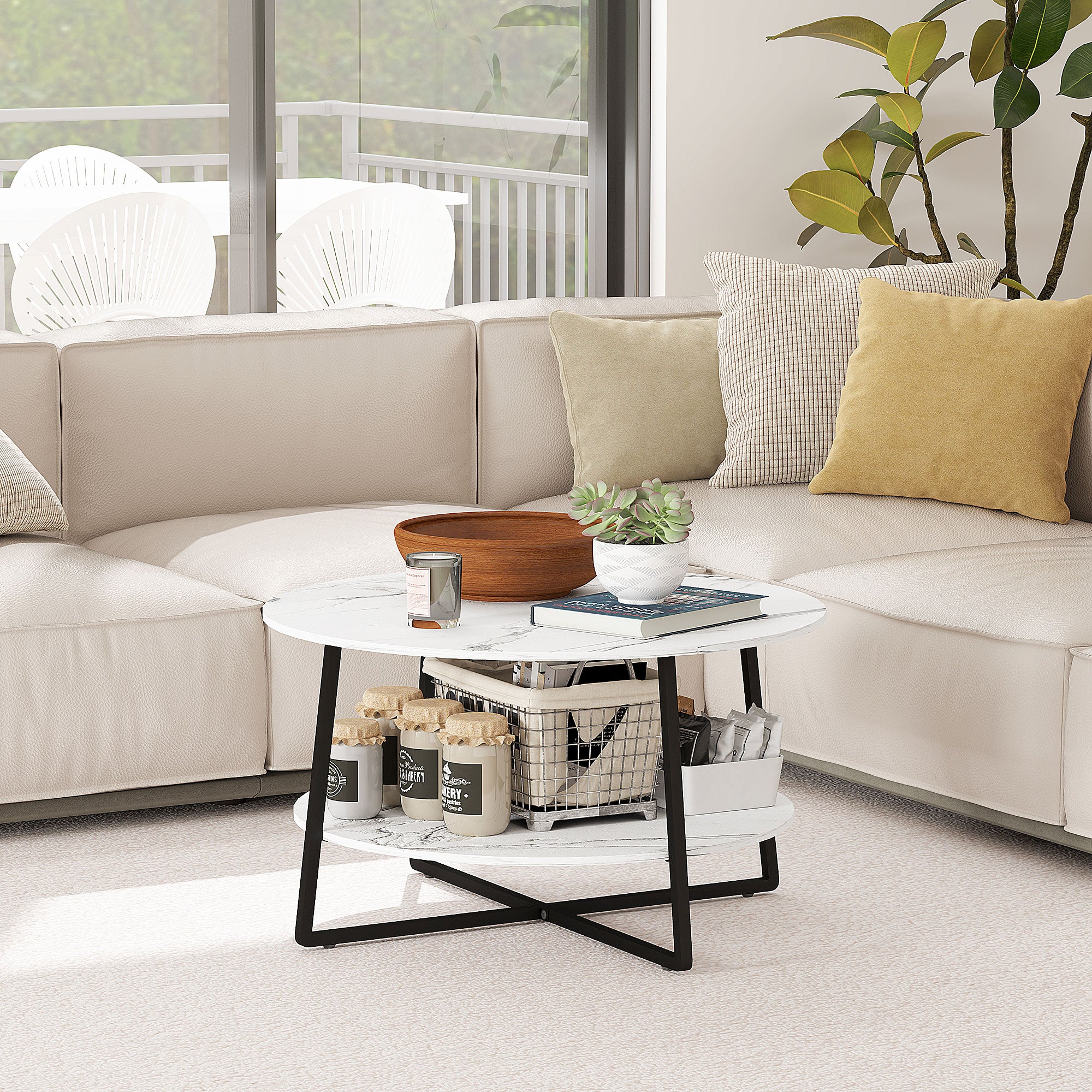 HOMCOM 2-Tier Round Coffee Table with Storage Shelf, Living Room Table with Marble Effect Top and Steel Frame, White - North Peak Garden Furniture
