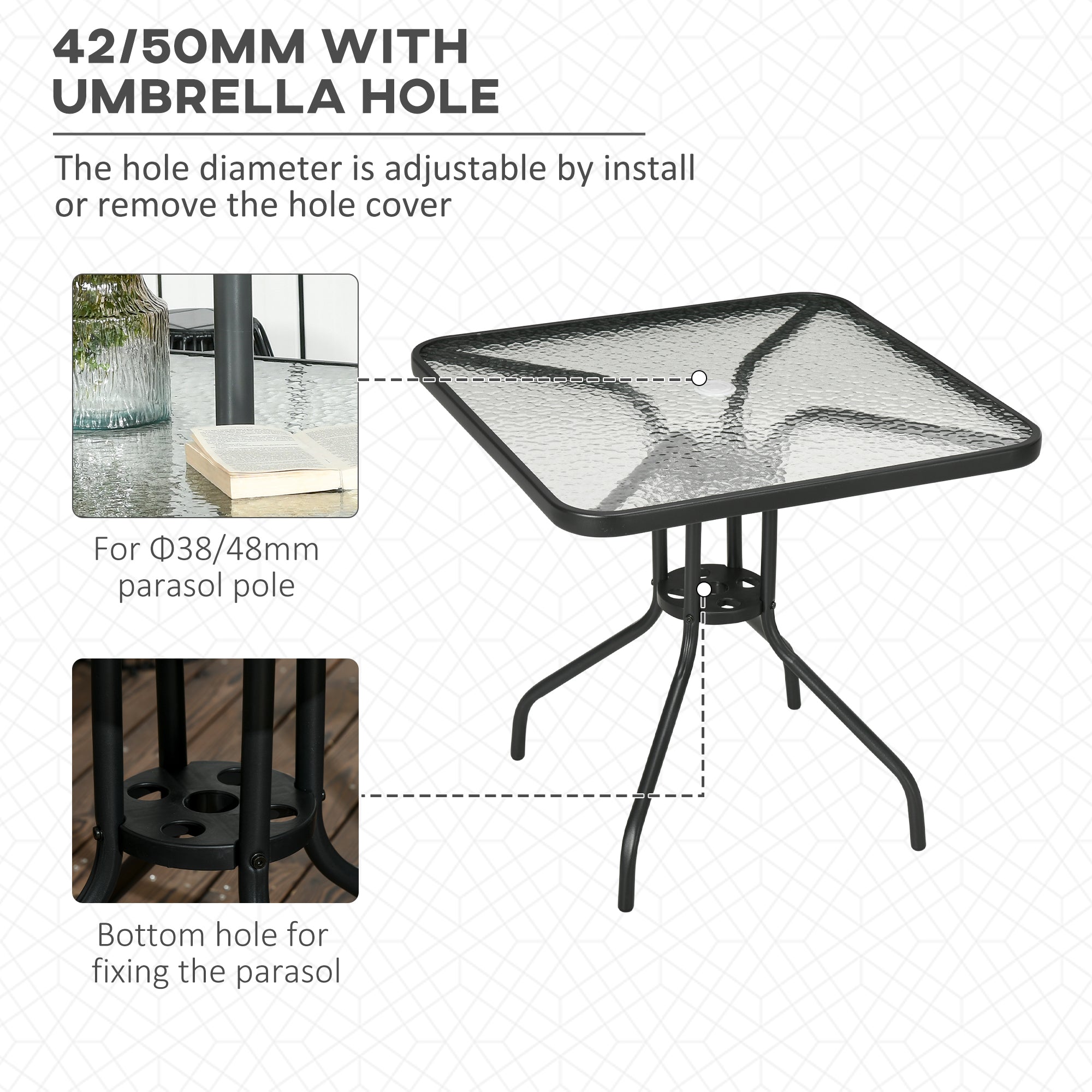 Outsunny Square Patio Table, Tempered Glass Top Bistro Table, Garden Dining Table, Outdoor Accent Coffee Table 76 x 76cm Steel Frame with Umbrella Hole - North Peak Garden Furniture