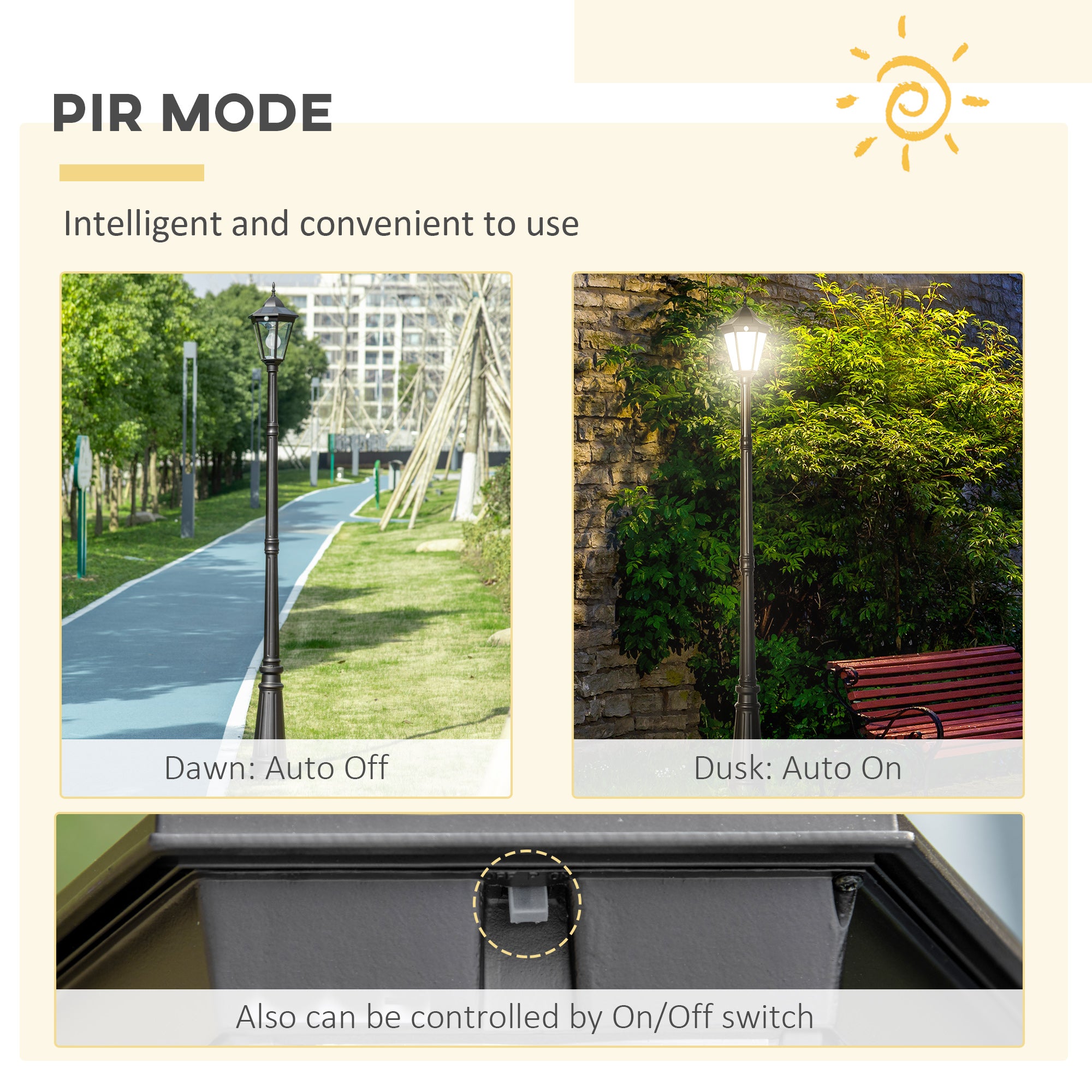 Outsunny 2.4 m Garden Lamp Post Light, LED Solar Powered Patio Path Lighting Lamp with Aluminium Frame, PIR Motion Sensor for Lawn, Pathway, Driveway, Black - North Peak Garden Furniture