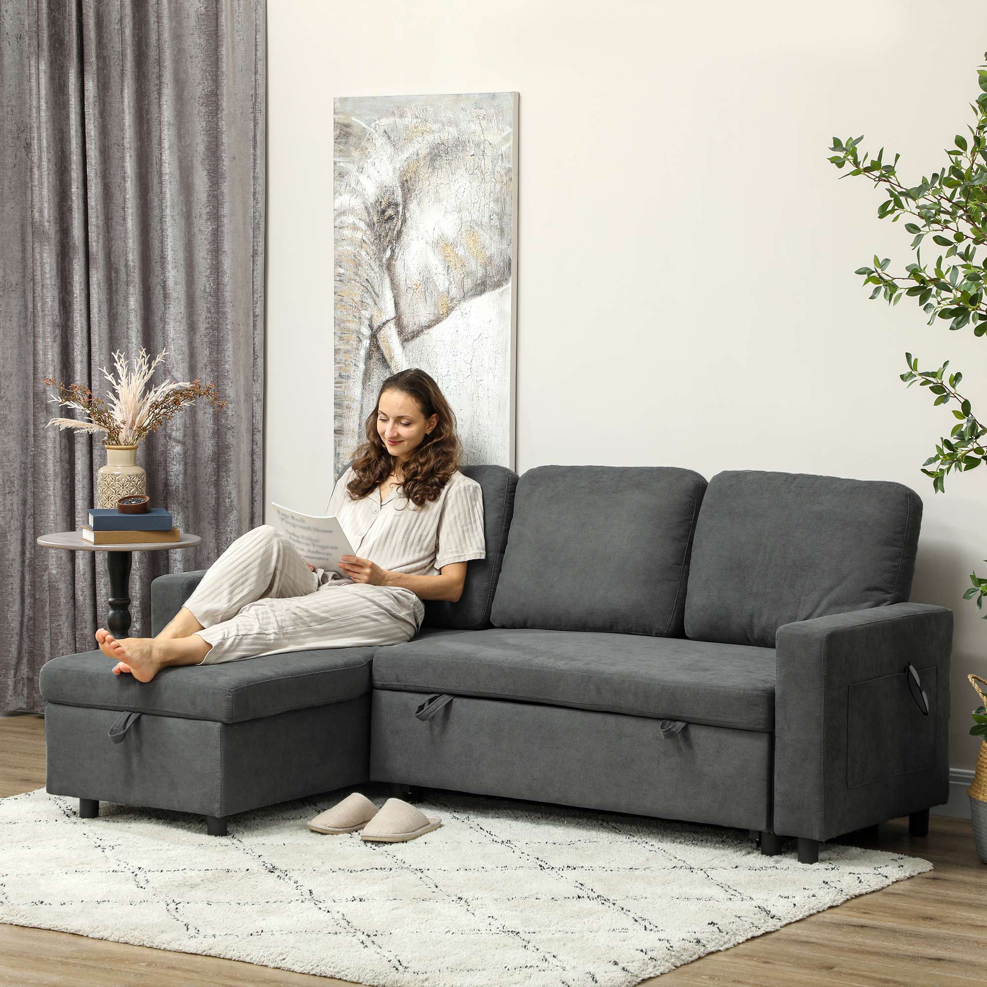 HOMCOM L Sofa Bed, with Storage - Charcoal Grey - North Peak Garden Furniture