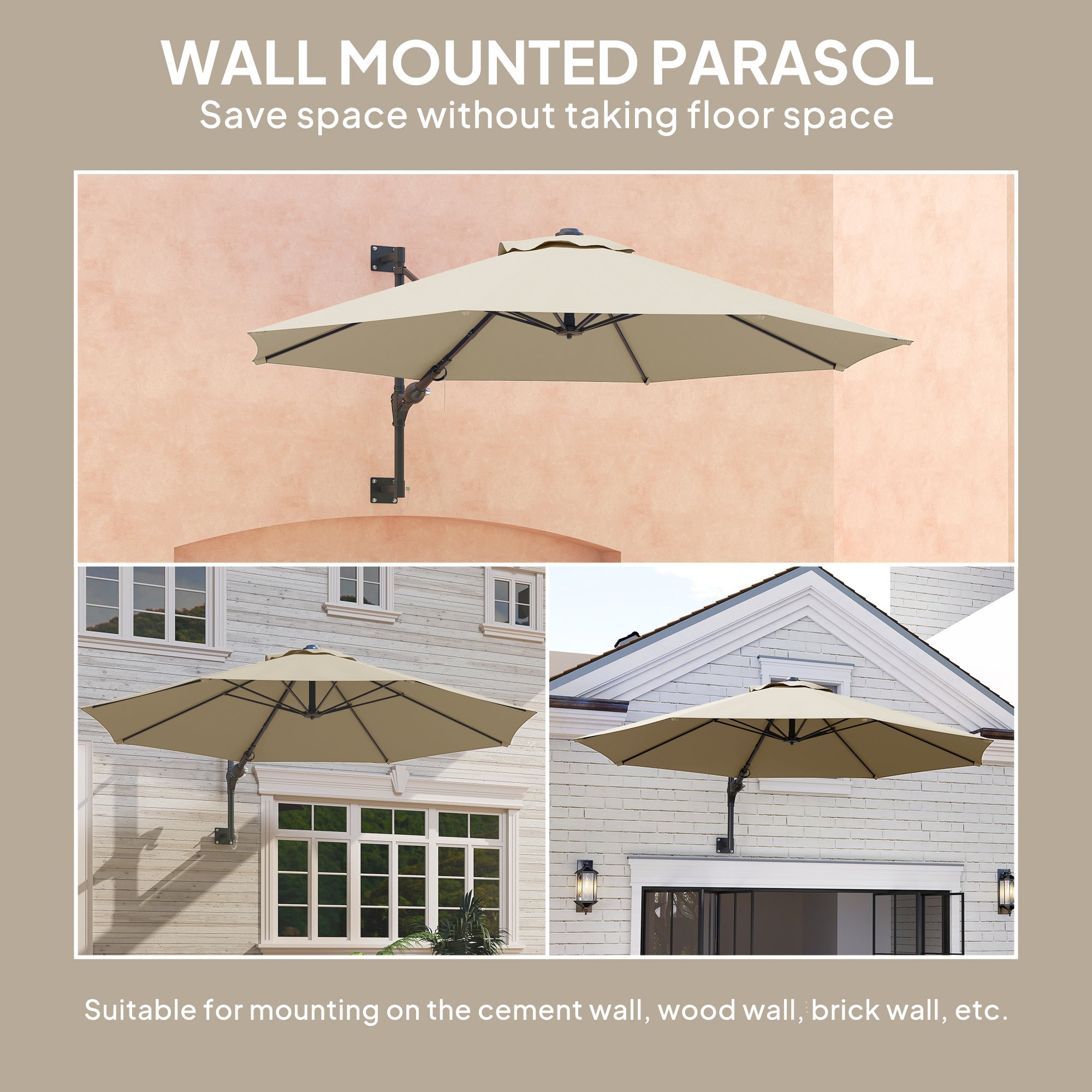 Outsunny 3(m) Wall-Mounted Parasol Shade, with Handle - Khaki - North Peak Garden Furniture