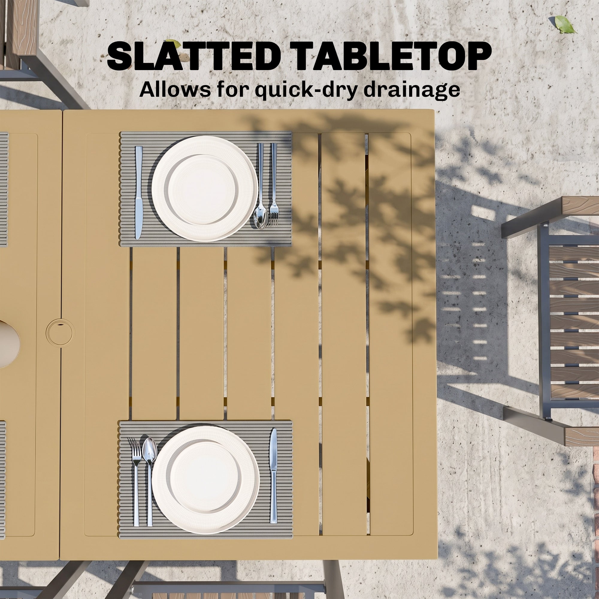 Outsunny Garden Dining Table for 6 Person, Rectangle Outdoor Coffee Table with 5 cm Parasol Hole, Slatted Tabletop and Steel Frame for Patio Balcony, Brown