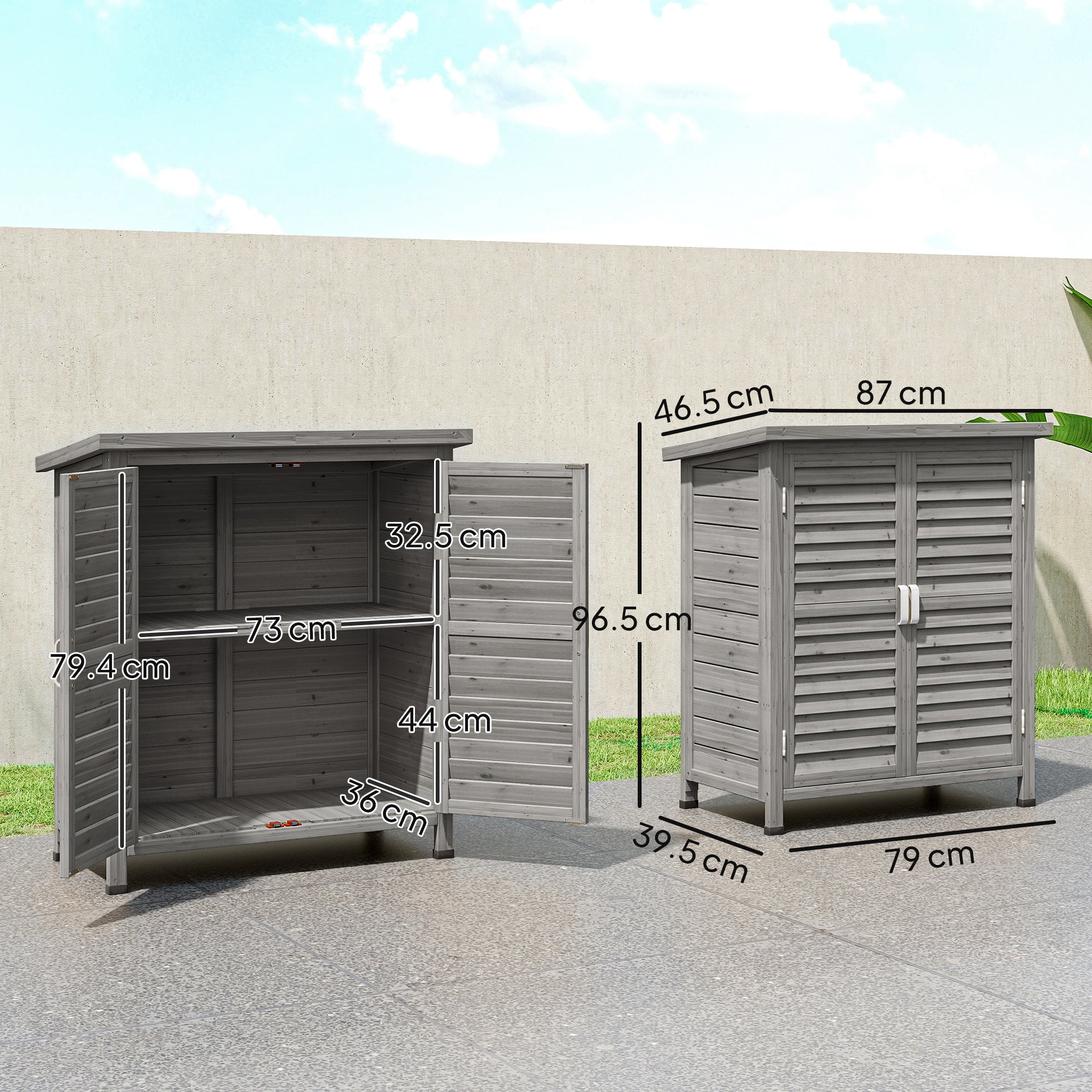 Outsunny Garden Shed Wooden Garden Storage Shed 2 Door Unit Solid Fir Wood Garage Tool Organisation Cabinet, 87L x 46.5W x 96.5Hcm, Grey