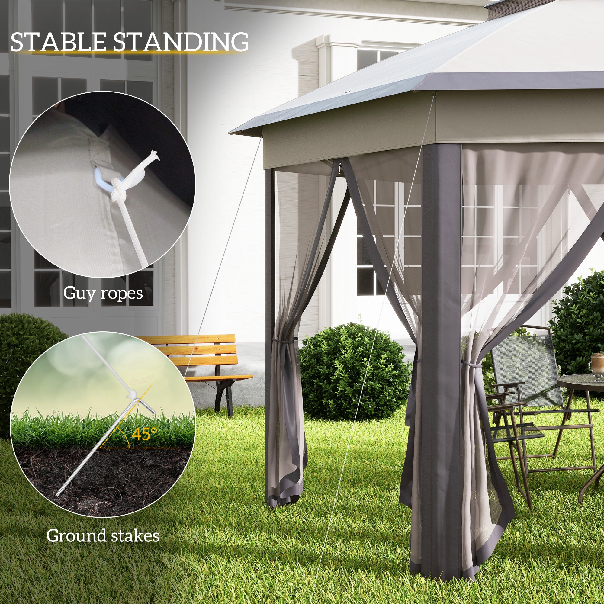 Outsunny Hexagon Garden Gazebo Pop Up Gazebo Outdoor Patio Double Roof Instant Shelter with Netting, 3 x 4m, Beige