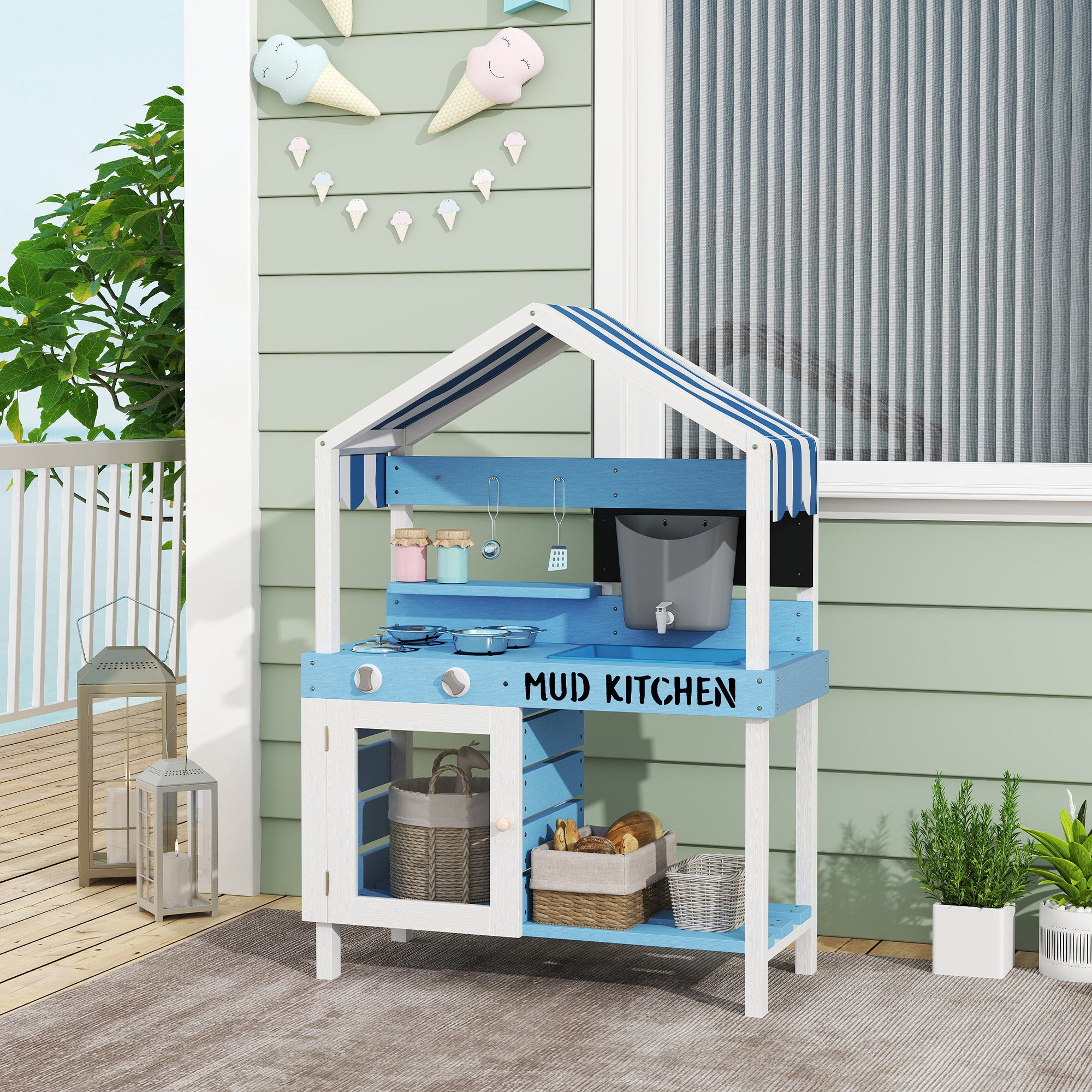 AIYAPLAY Kids Mud Kitchen Outdoor with Stoves, Sink, Faucet, Storage Shelves, Cookware Accessories for Boys Girls, Blue