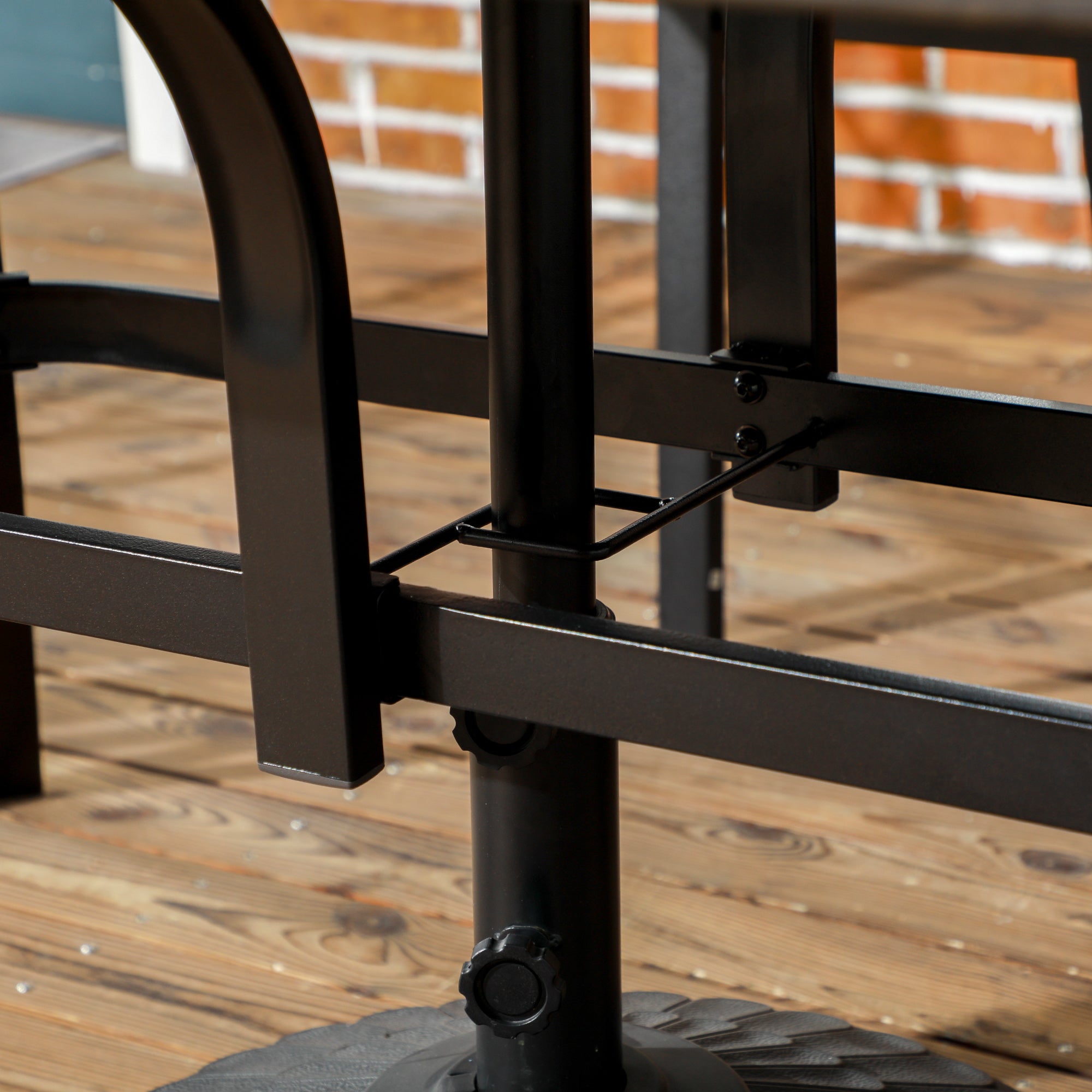 Outsunny Six-Seater Steel Garden Table, with ⌀41mm Parasol Hole - Wood-Effect - North Peak Garden Furniture